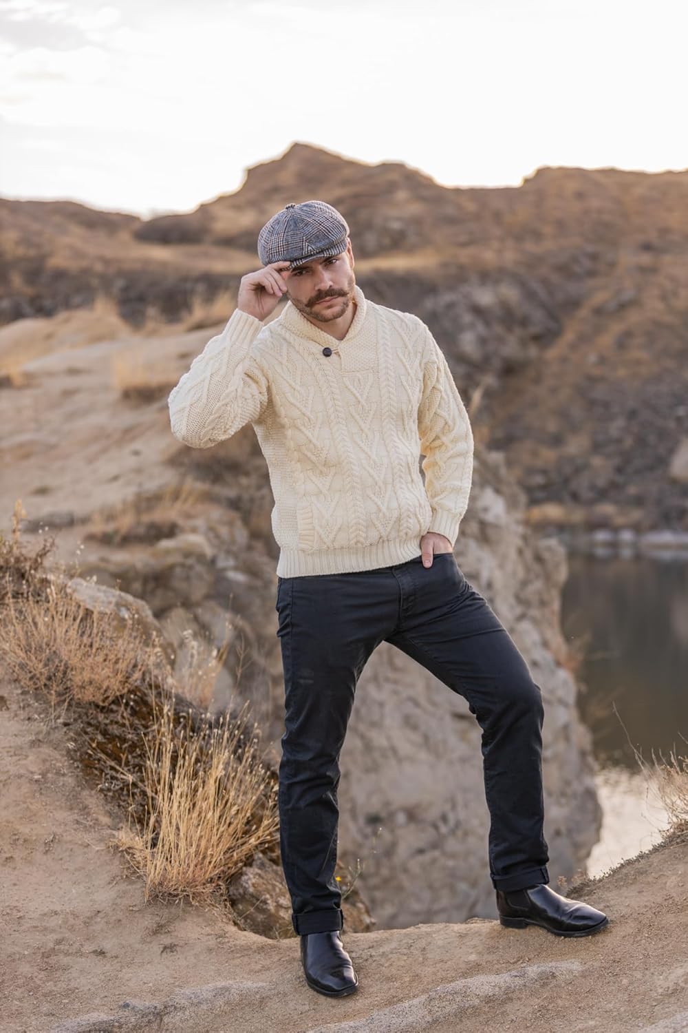 100% Merino Wool Men's Shawl Collar Single Button Irish Cable Knit Sweater Knitwear with Pockets - Image 9