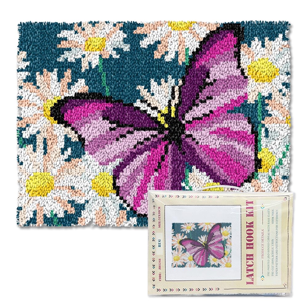 ORIGACH Purple Butterfly & Daisy Latch Hook Rug Kit for Adults, 20.5x15inch