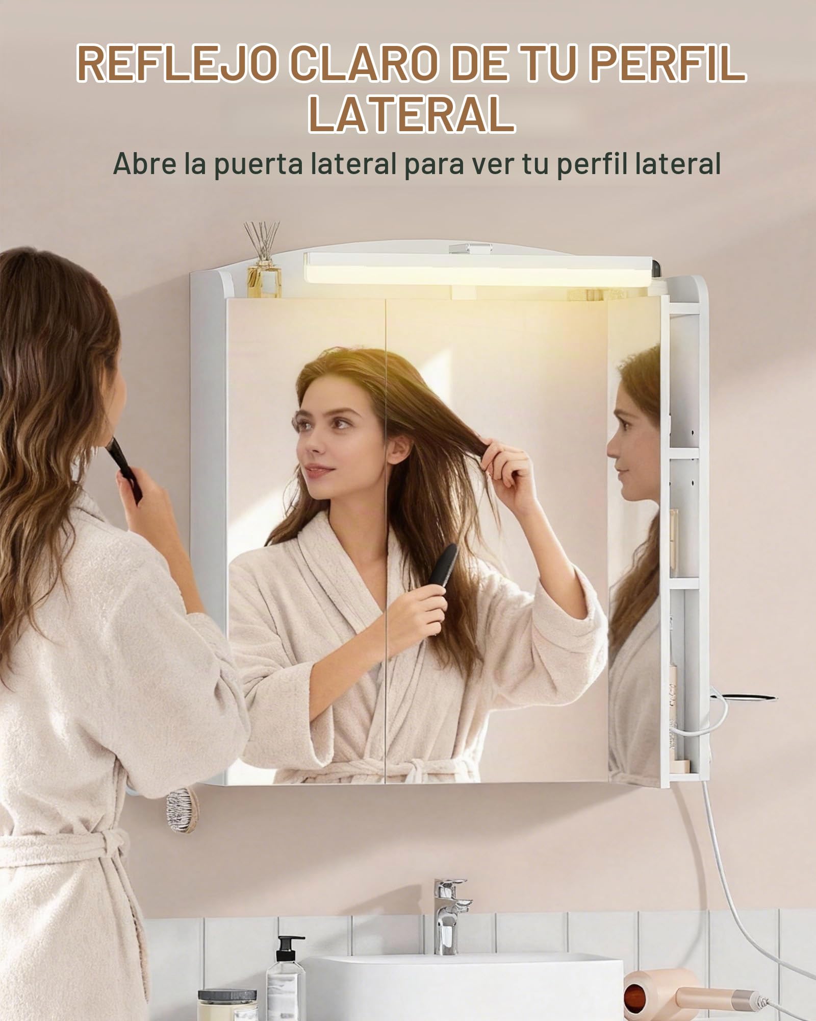 Hzuaneri Armario de Baño, con Espejo y Luz LED, 2 Enchufes CA + 2 USB, Mueble Espejo de Pared con Interruptor y Enchufe, Soporte para Secador de Pelo, Ganchos, Estantes Ajustables, Blanco MC00603XEU