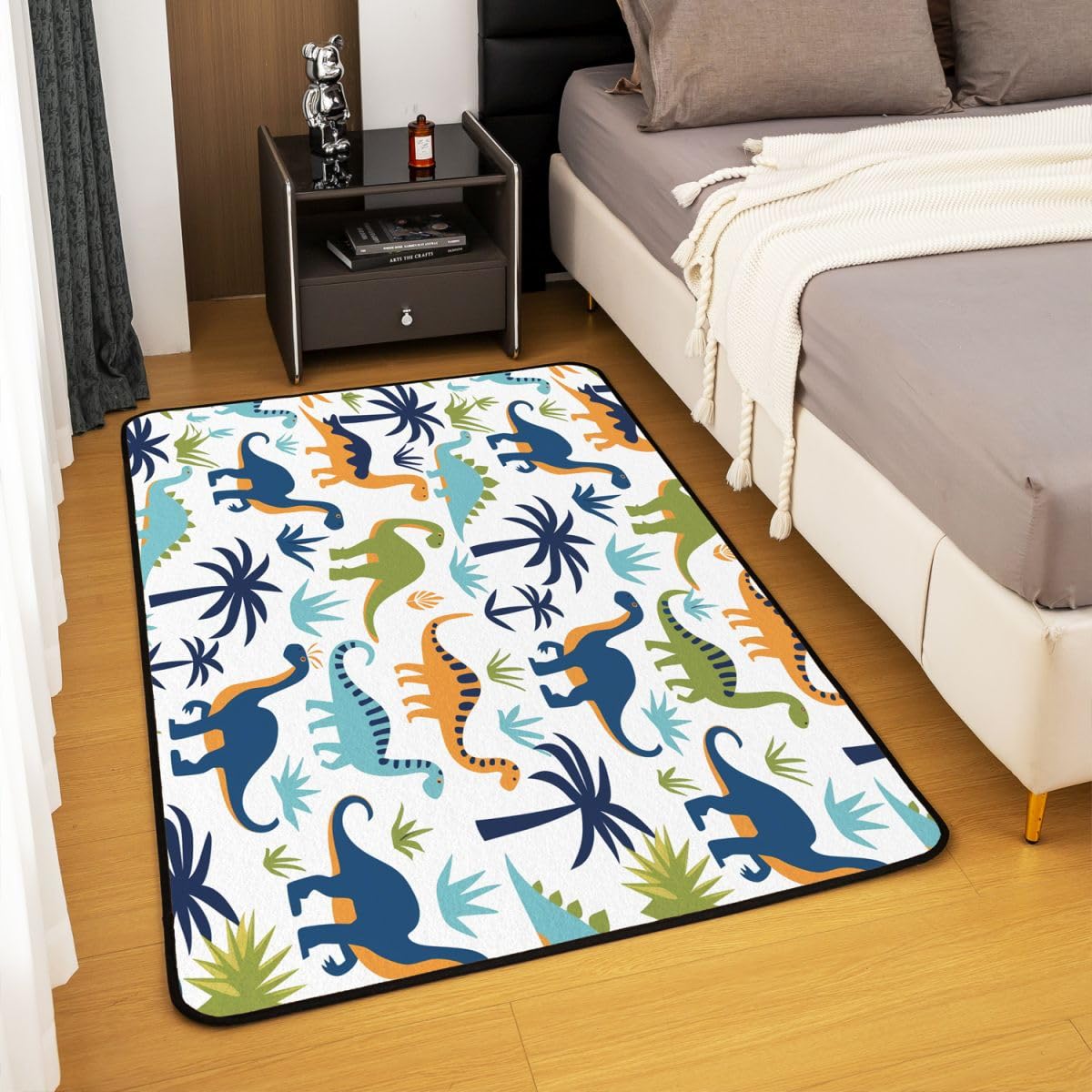 Cartoon Dinosaurier Wohnzimmer Teppich 100x150cm Blauer Kokosbaum Grün Gras Drucken Schlafzimmerbereich Teppich für Kinder Teens Niedliches Tier- und Pflanzenmuster Indoor Matte Heimdekor