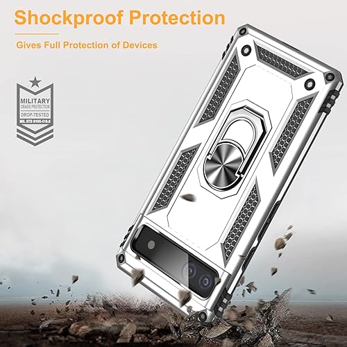 Miniatura 5 de Funda para Google Pixel 6a con protector de pantalla de vidrio templado 2 unidades, funda protectora de grado militar a prueba de golpes con anillo