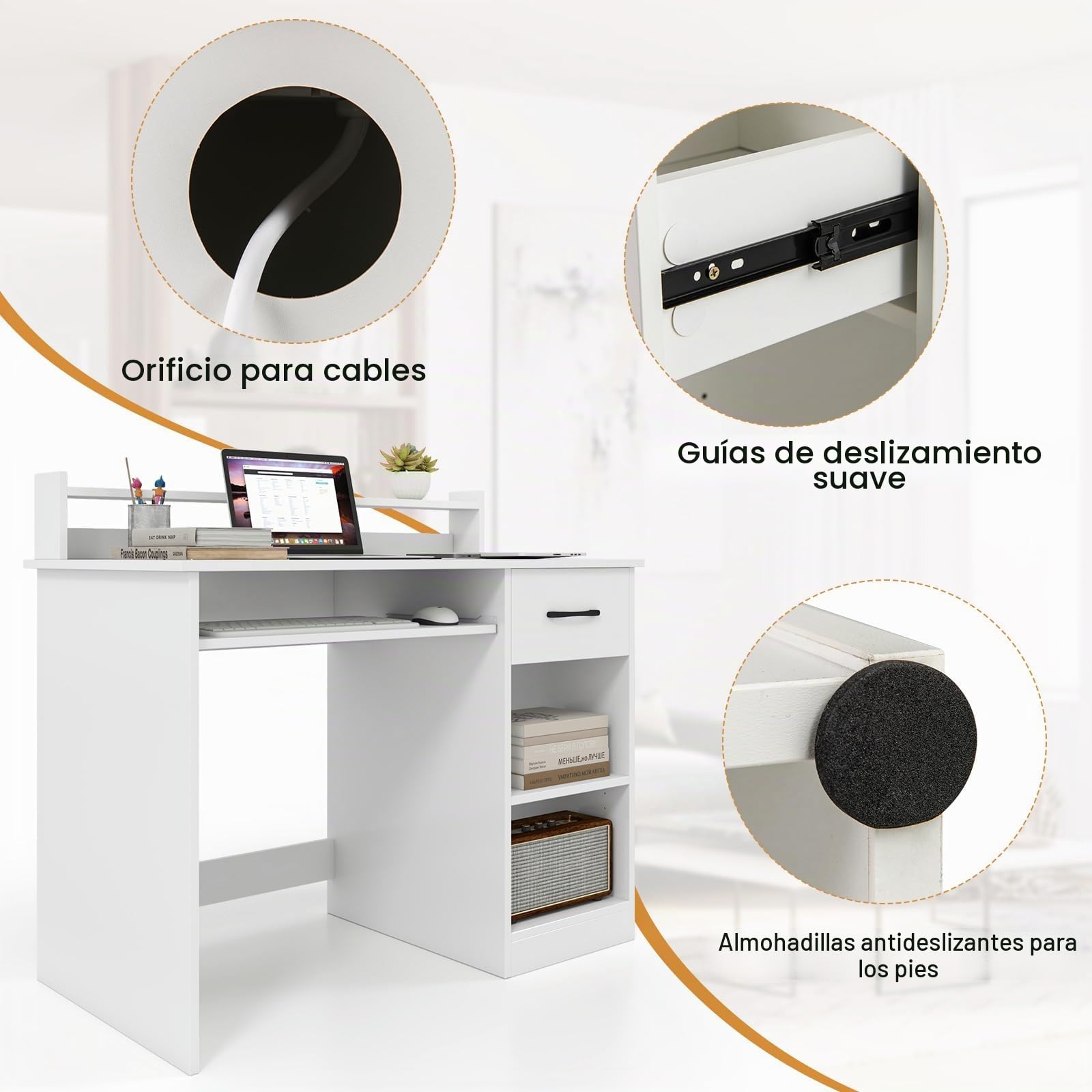GYMAX Escritorio de Computadora con Estación de Carga, Escritorio de Estudio de 105 CM con Estantes y Cajón, Orificio para Gestión de Cables, Escritorio Moderno y Simple para Dormitorio, Blanco
