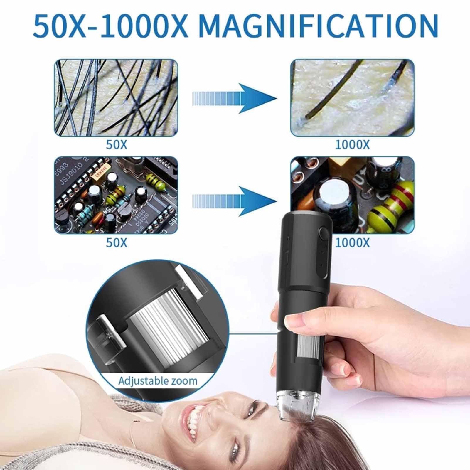 Microscopio Digitale Wireless, Ingrandimento da 50X a 1000X Risoluzione 640X480P Fotocamera per Microscopio USB WiFi, Telecamera di Ispezione HD Portatile con 8 Luci LED