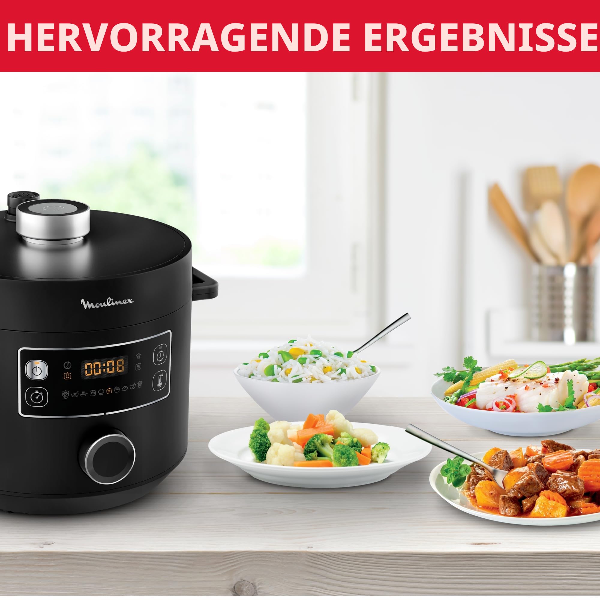 Moulinex Epic Turbo Cuisine CE7548 Elektrischer Schnellkochtopf, 1090 W, 10 Automatikprogramme, Dampfgarkorb, Schwarz
