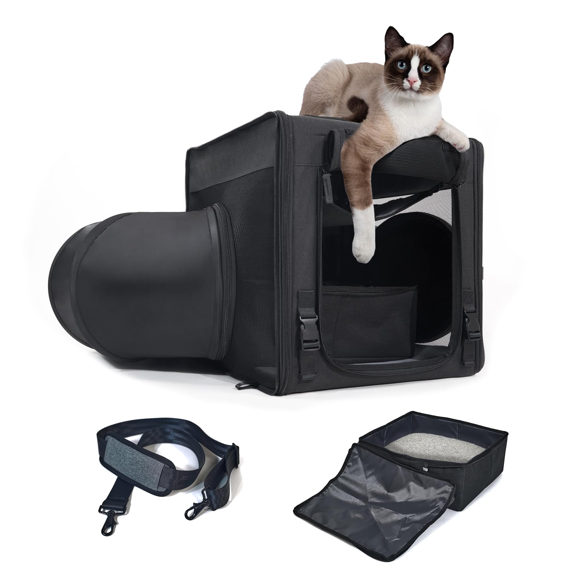 Cat Travel Carrier with Litter Box Portable Single Cat Carriers for Cat and Pet Shelter Ideal, Soft Foldable Design with Shoulder Strap, One Hammocks and Cushion Small Size Single Black