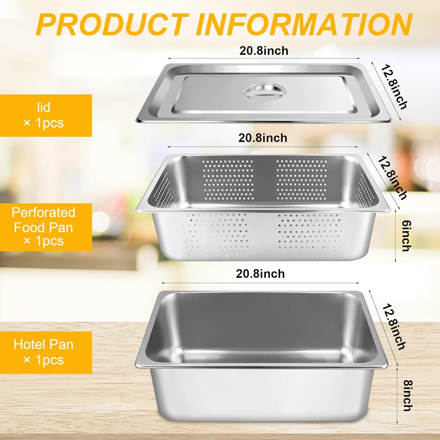 3 Pack Full Size 6 Inch, 8 Inch Hotel Pan with Lid Perforated Steam Table Pan Chafing Pans Steam Table Tray Stainless Steel Restaurant Supplies for Buffets Catering Commercial Kitchen