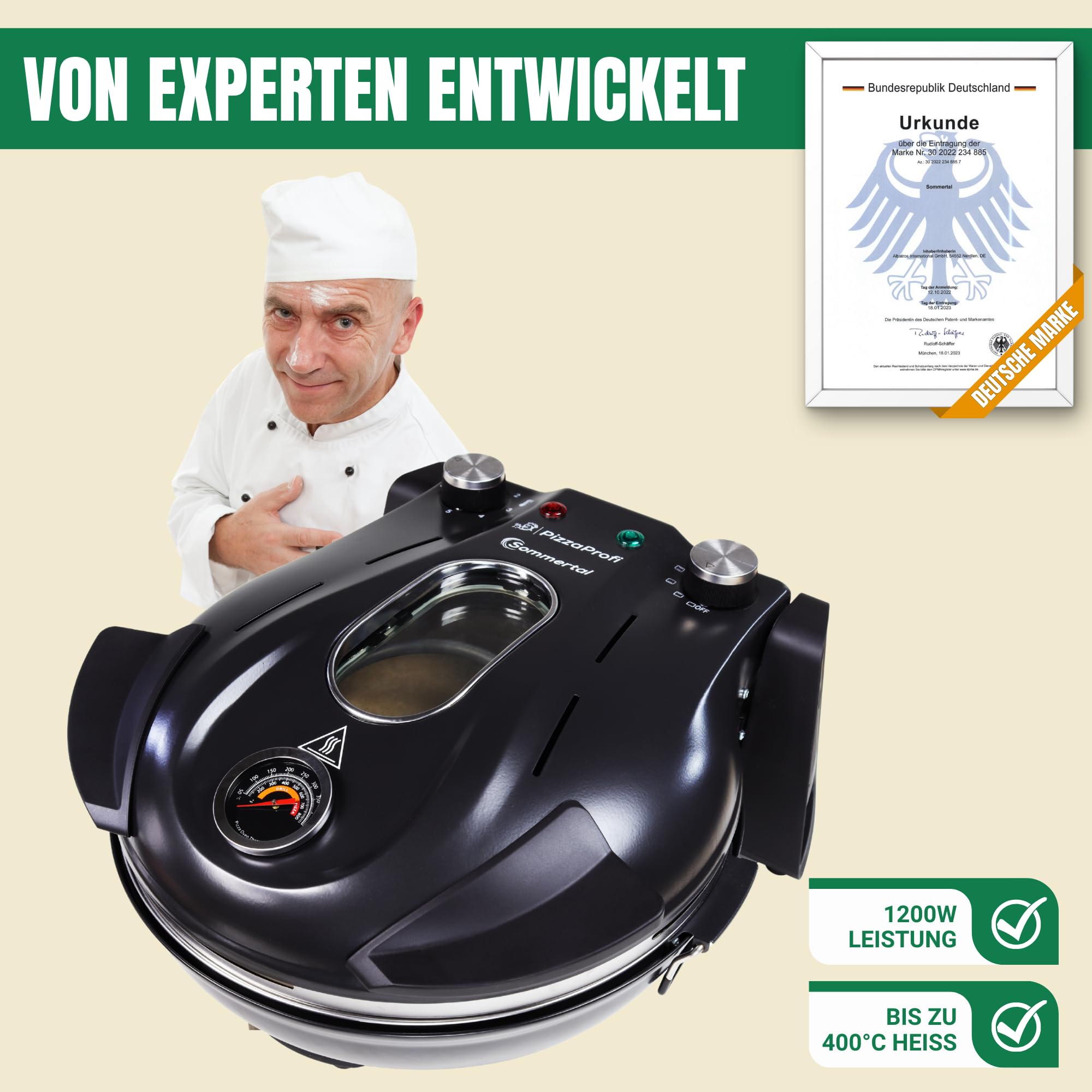 Sommertal PizzaProfi 400°C Elektrischer Pizzaofen mit Pizzastein – Ober-/Unterhitze, 5 Temperaturstufen, Temperaturanzeige