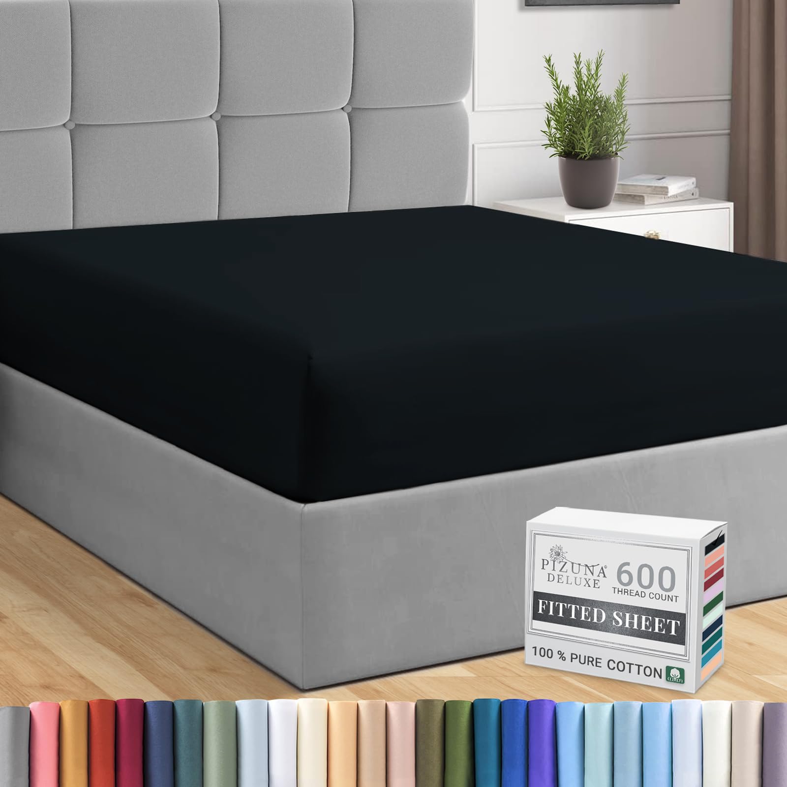 Pizuna Black Pure Combed Cotton Emperor Fitted Sheets 600 Thread Count 100% Long Staple Cotton Emperor Fitted Sheets 200X200cm, Sateen Sheet Extra Deep 40 Cm 1 Pc
