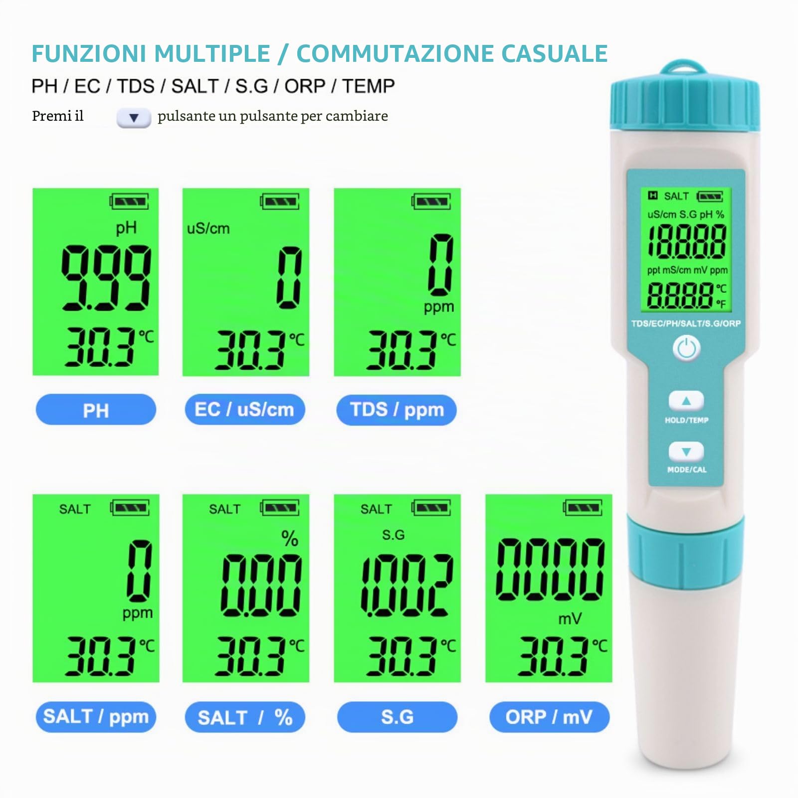 Misuratore pH 7 in 1 con PH/TDS/SALT/ORP/S.G/TEMP/EC, TDS tester con Display LCD, per Piscine, Acquari, Spa