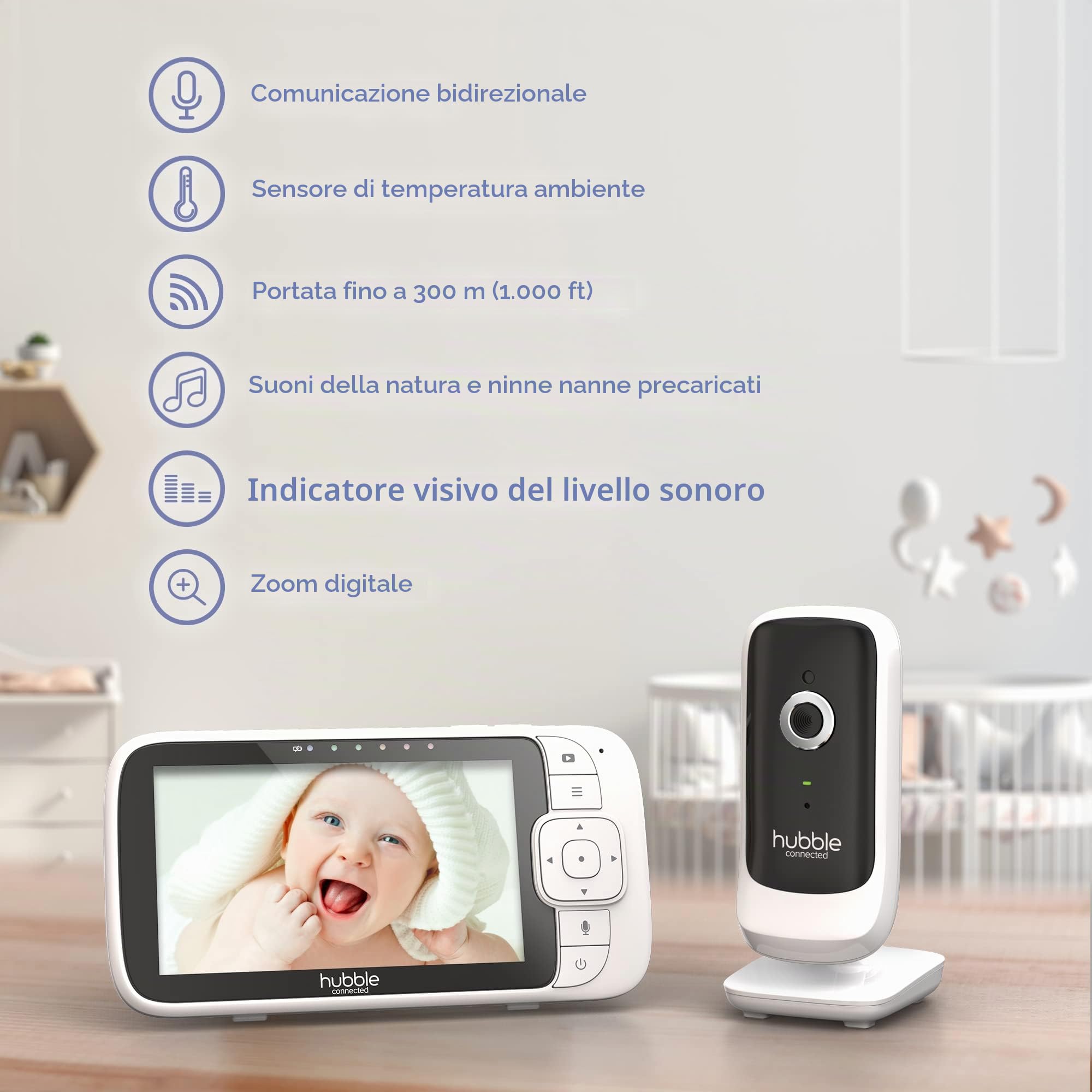 Hubble View Premium Twin 5" Baby Monitor 2 Telecamere, Zoom Pan Tilt Digitale, 2-Way Talk, Monitor Temp Ambiente, Twin Baby Monitor con Telecamere e Visione Notturna, Schermo diviso, Portata 304,8 m,
