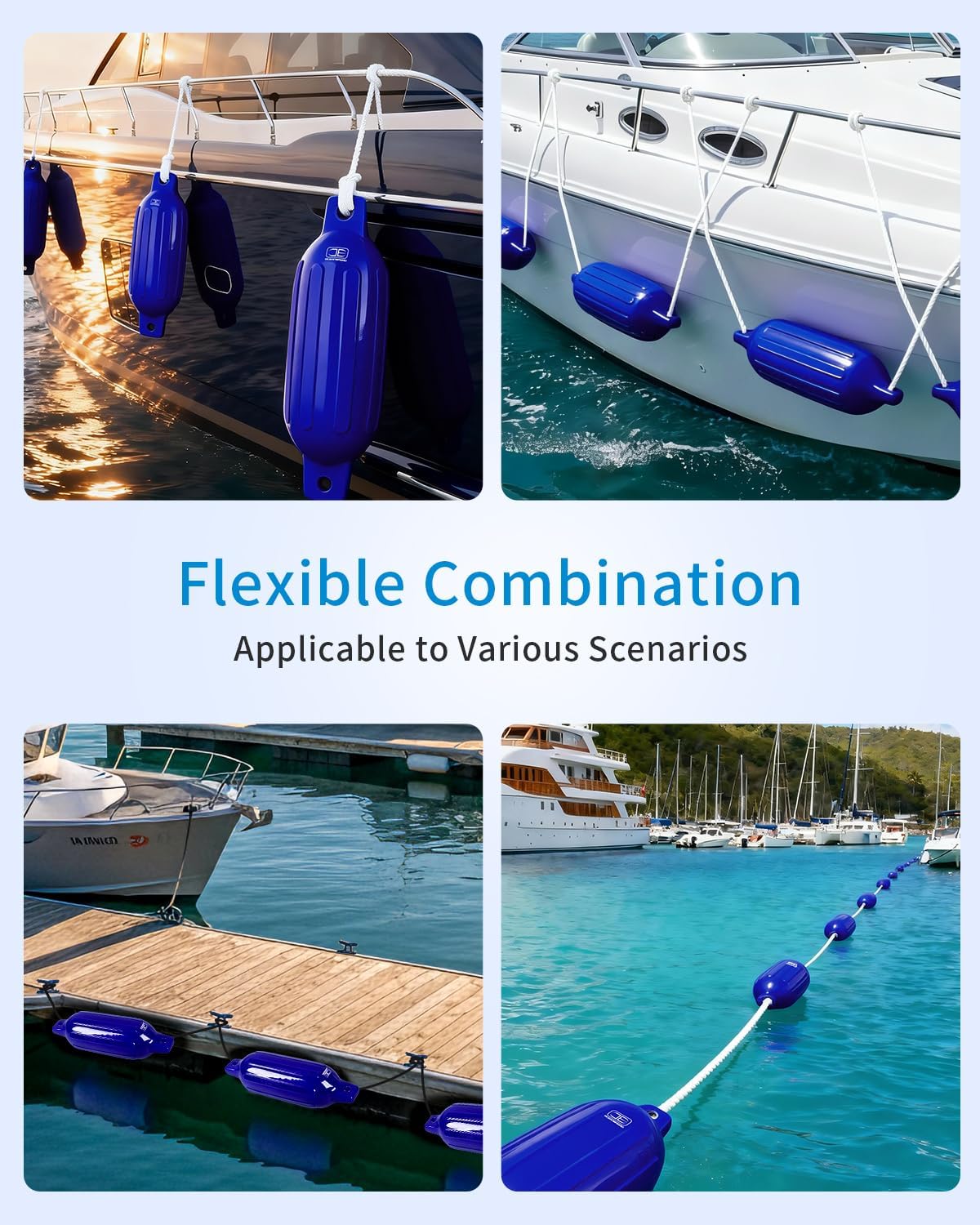 OCEANBROAD Boat Fenders 4 Pack, Inflatable Ribbed Boat Bumpers for Docking with 4 Ropes, Pump & Needles, PVC Fenders, Reinforced Dual Eyelets for Vertical/Horizontal Hanging, UV Resistant