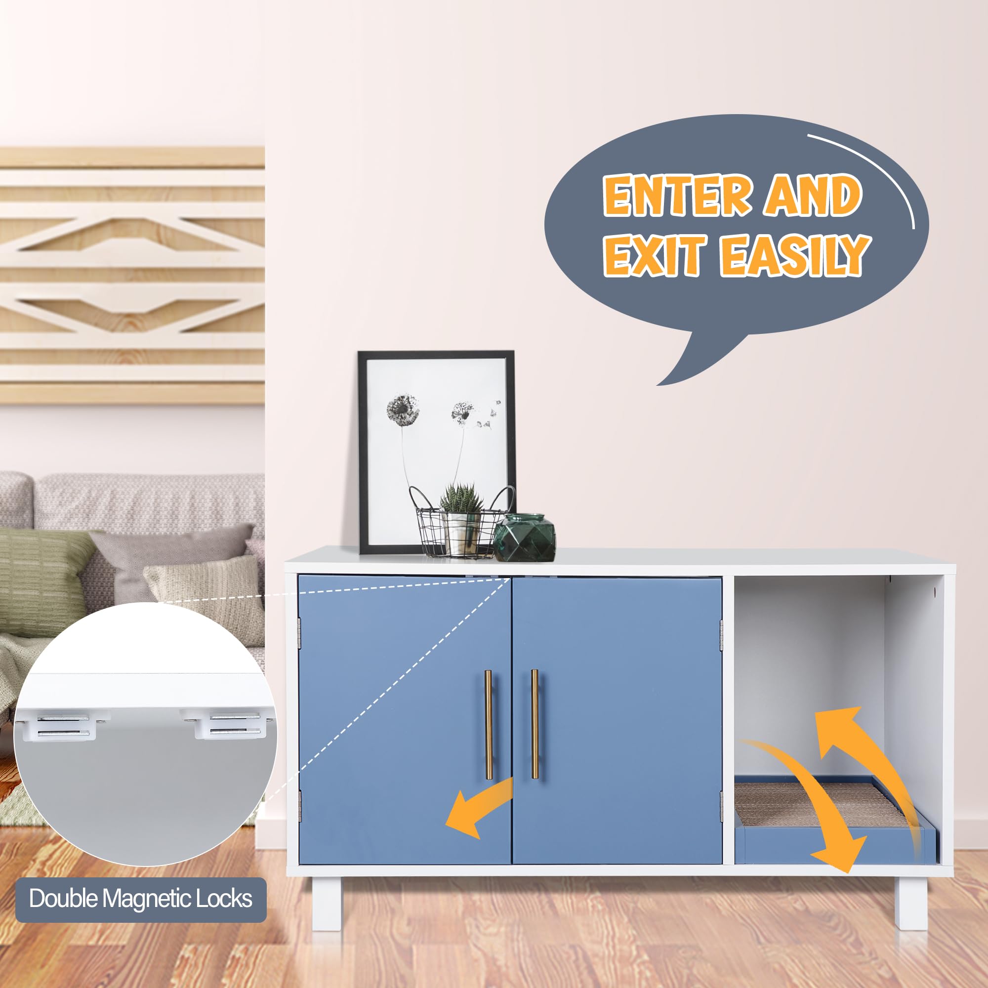 ZENY Modern Cat Litter Box & House, Wood Cat Enclosure with Scratch Pad, Side Table, Hidden Washroom Furniture, White - image 5