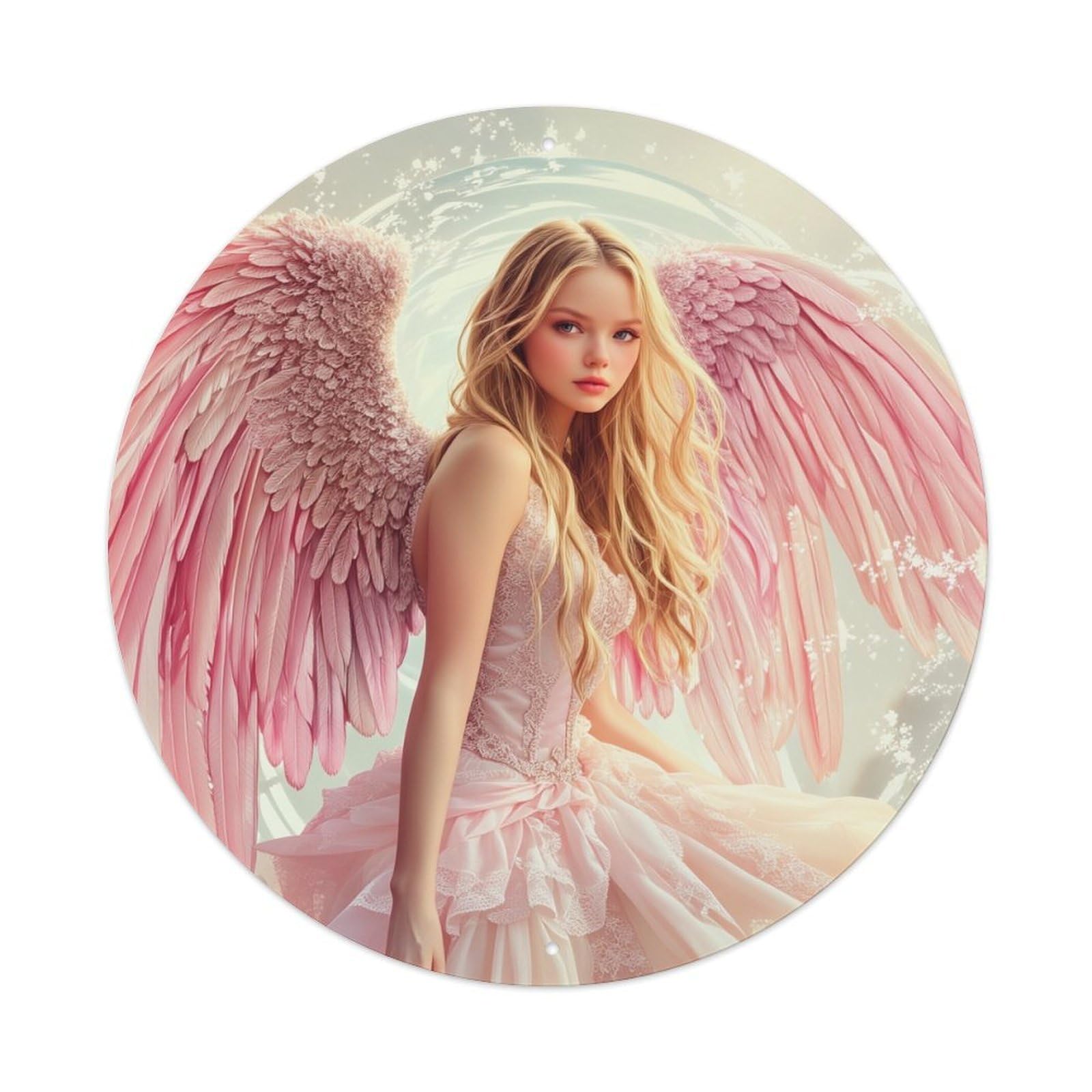 Angel Wings Pink Dress Fantasy Round Tin Sign Vintage Metal Poster, Home Bar Garage Man Cave Cafe Indoor & Outdoor Wall Decoration 8x8Inches