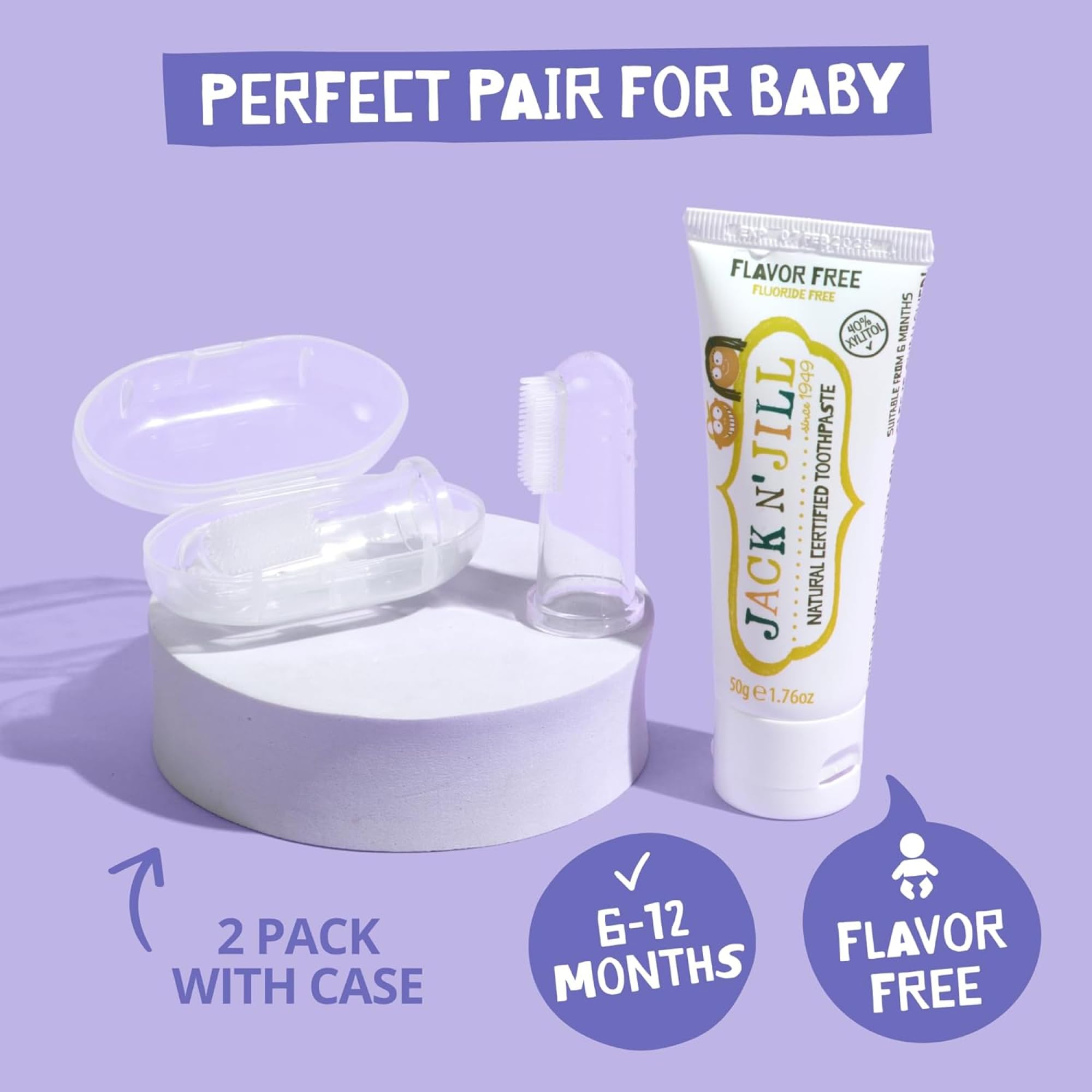 Jack N' Jill Stufe 1 Silikon-Zahnbürste und Zahnpasta für Babys und Kleinkinder, natürliche unaromatisierte Zahnpasta, Bündel – Babyzahnbürste 6-12 Monate, Etui