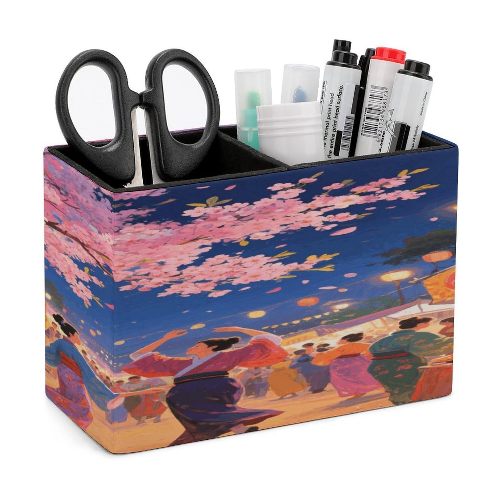 VstaDank Asian Cherry Blossom Pencil Holder for Desk Organizer 2 Compartments Pen Cup Leather Square Pen Holder Pencil Cup Stand Makeup Brush Holders for Desktop Organizer Storage Case
