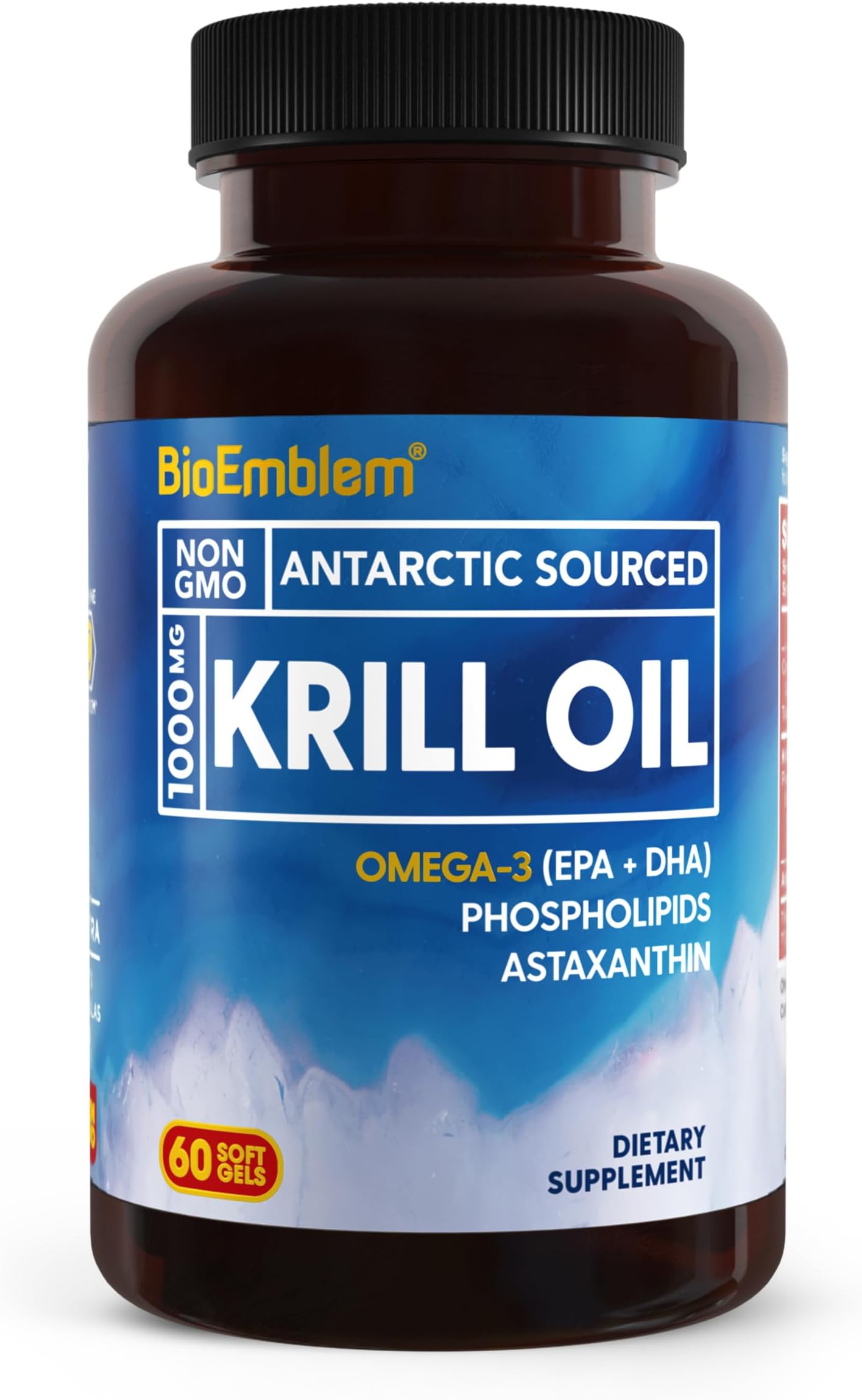 - BioEmblem Antarctic Krill Oil Supplement | 1000mg | Omega-3 Oil with High Levels of EPA + DHA, Astaxanthin, and Phospholipids | No Fishy Aftertaste | 60-Count Non-GMO Softgels