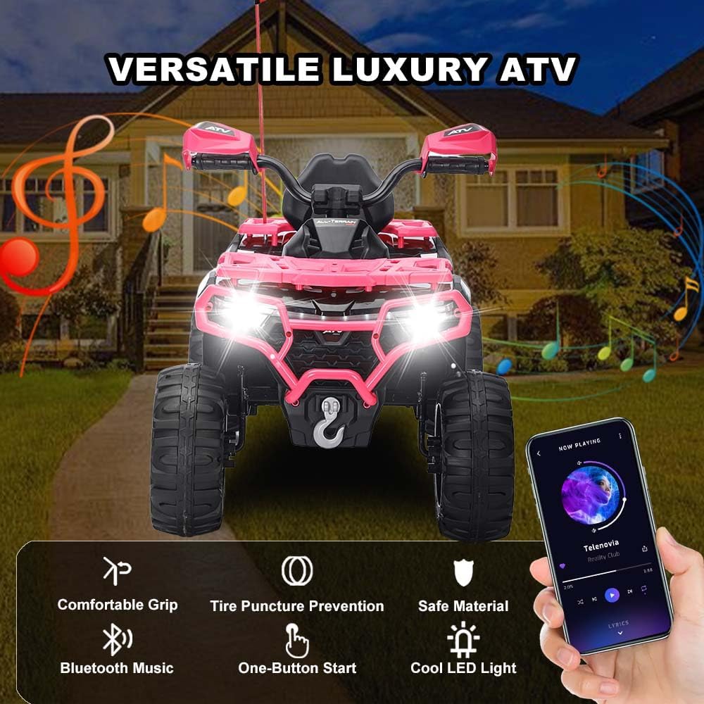 24V Kids Electric Car, Electric ATV for Kids 3-8 with Color-Changing LED Light Bar & Flag Pole | 2WD Off-Road Ride-On Toy | Bluetooth Music | CPSIA Certified | All-Terrain Car (Pink)