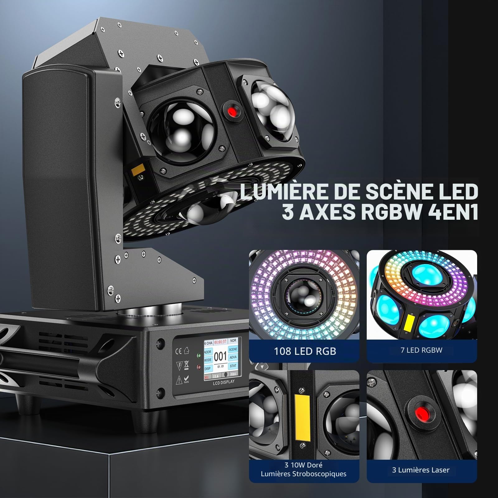 Lyre LED 200W Jeux de Lumière Lampe de scène DJ RGBW Projecteur Luminaires pour Soirée Disco Fête Bar Club Lumineux Éclairage