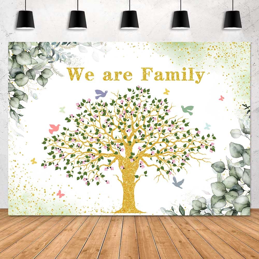 Familientreffen-Hintergrund – Goldener Stammbaum Mit Blumen & Eukalyptus, 2,1 X 1,5 M, Vinyl-Fotobanner