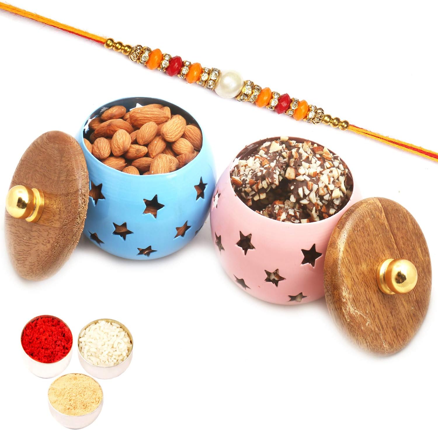 Ghasitaram Gifts Rakhi Gifts for Brothers Rakhi Hamper - Set of 2 English Chocolate Brittles and Almonds Metal Jars with Pearl Diamond Rakhi