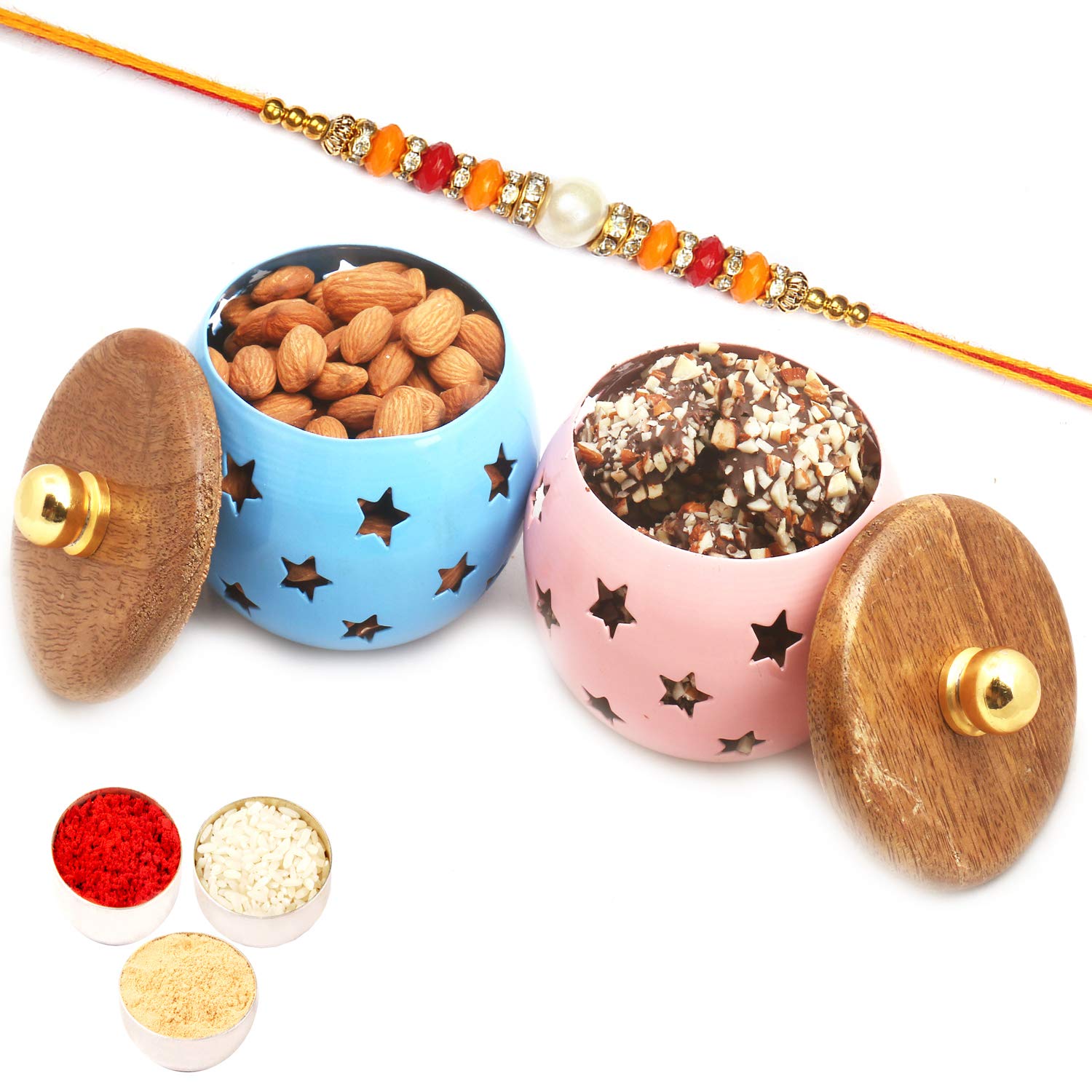 Ghasitaram Gifts Rakhi Gifts for Brothers Rakhi Hamper - Set of 2 English Chocolate Brittles and Almonds Metal Jars with Pearl Diamond Rakhi