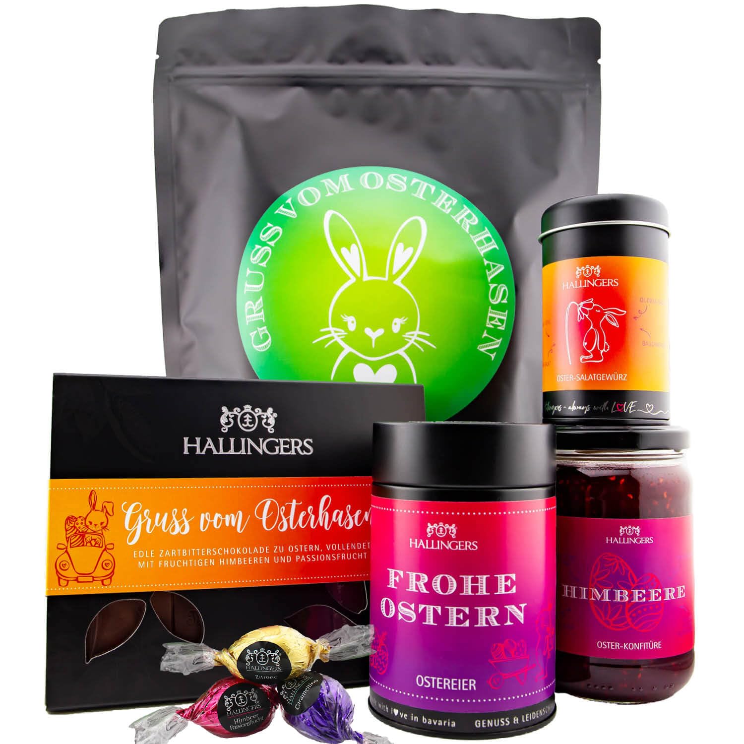 Hallingers Genuss Manufaktur Feinkost Oster-Geschenk-Set - XXL-Wundertüte "Gruß vom Osterh..." großes Osternest Pralinen-Ostereier, Ostertafel, Konfitüre & Gewürz, Ostern Körbchen für Frauen Männer