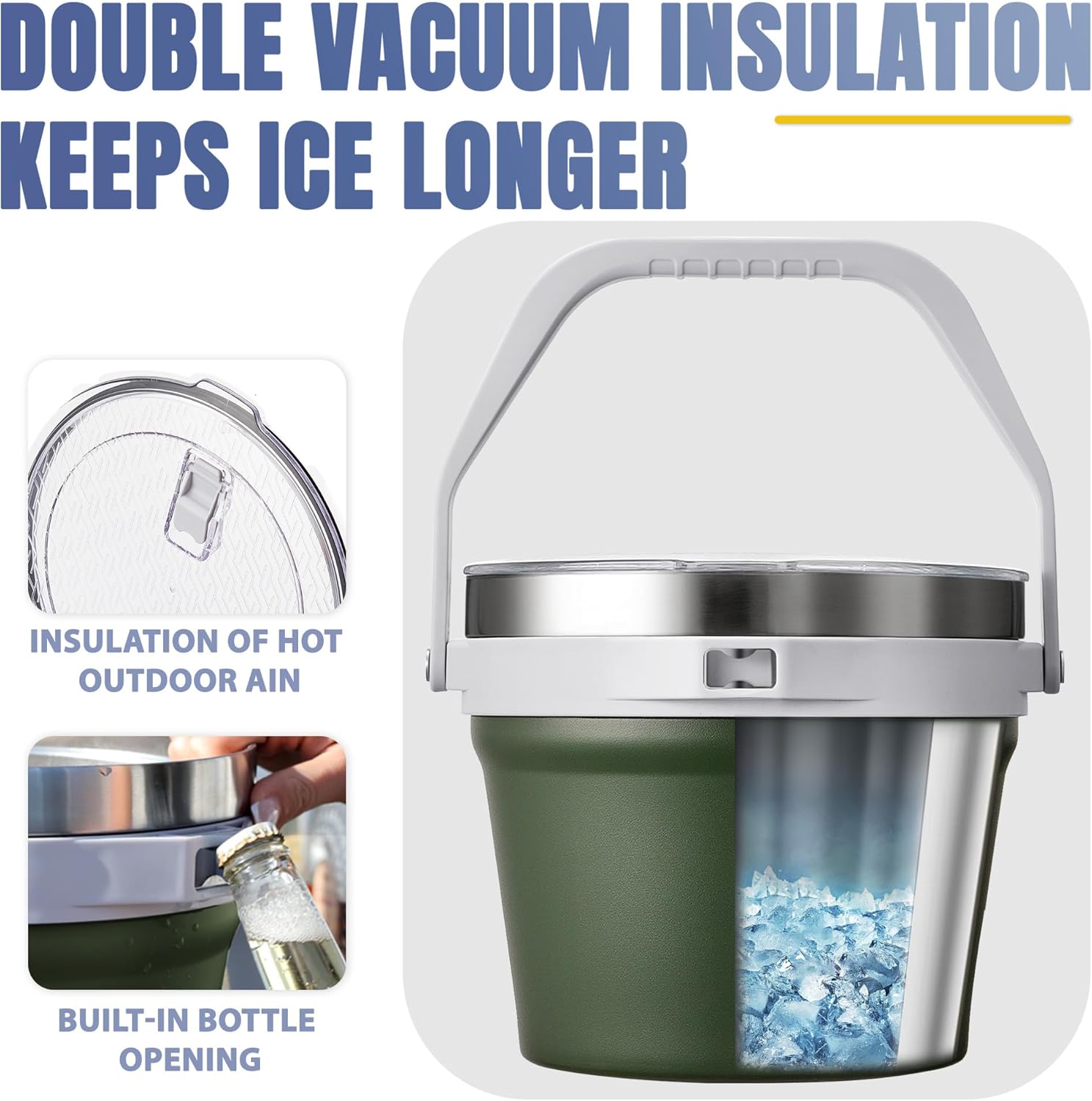 COKTIK 7L Vacuum Insulated Ice Bucket with Lid and Scoop& Tongs,Large capacity Stainless Steel Beverage Bucket for Cocktail, Champagne, Wine, Beer,Large Parties(Army Green Suit) - Image 4