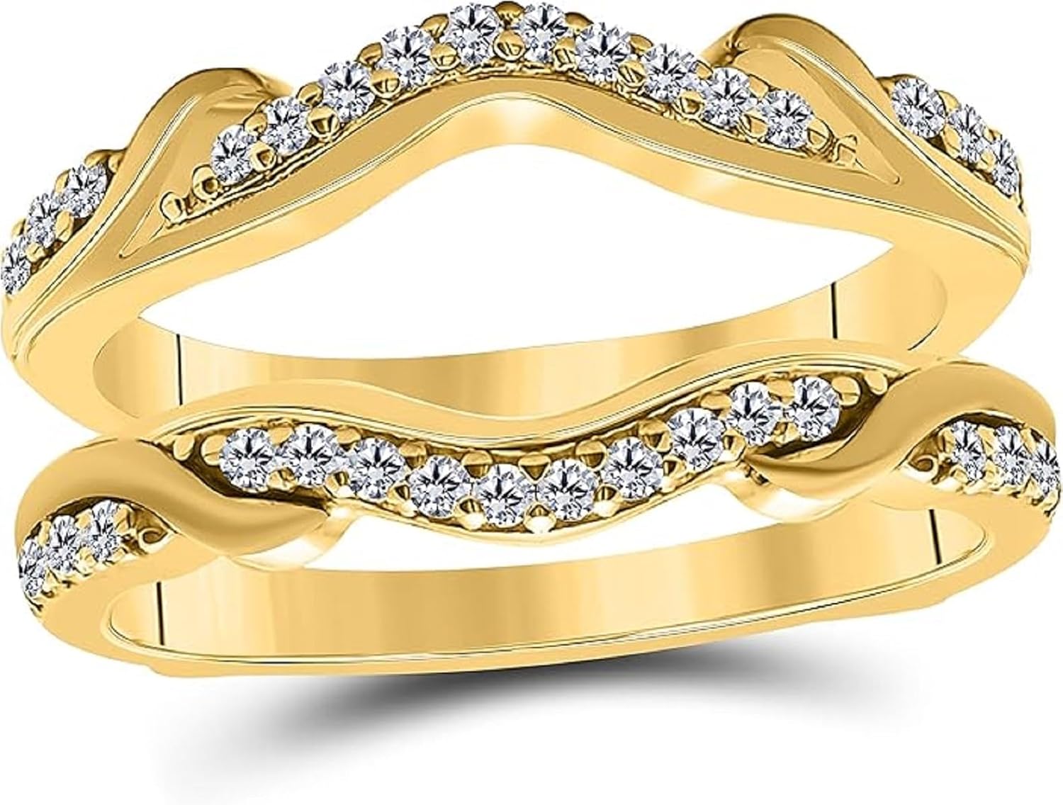 Round Cut Simulated White Diamond In 14K Yellow Gold Finish 925 Sterling Silver Double Row Engagement Wedding Wrap Enhancer Jacket Ring Guard for Women's