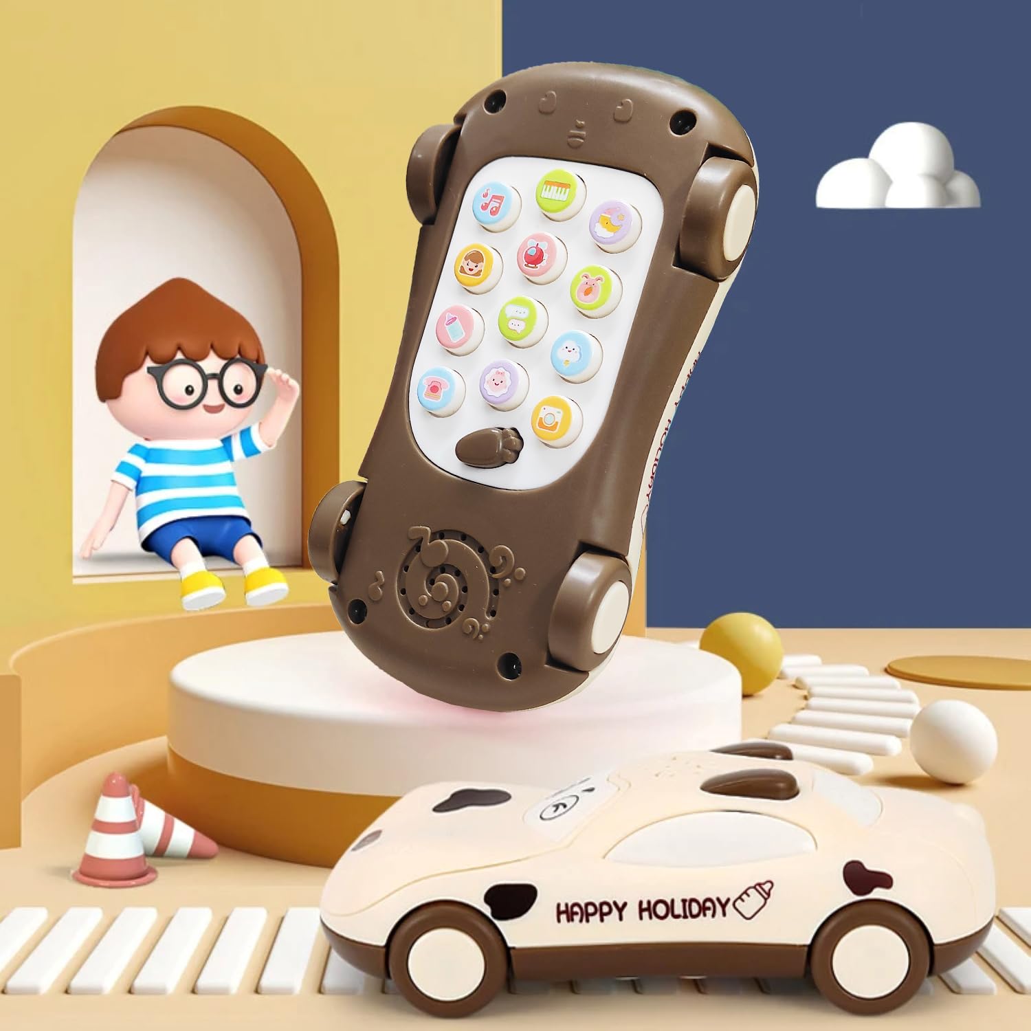 VGRASSP Pull Along Phone Car Toy for Kids - Lovely Model, Multiple Modes, Spreading Colorful Lights, Volume Adjustment, Dynamic Sound and Great Music - Multicolor (Color As Per Stock) - Image 7 thumbnail