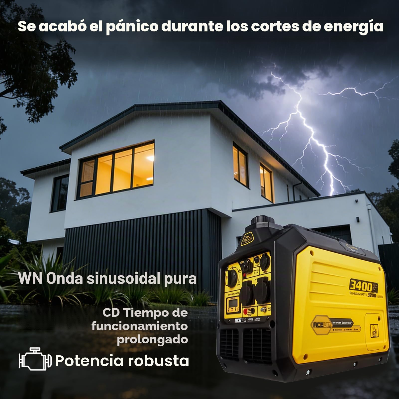 Aceup Energy - Generador inversor portátil de 3400 W, generador de onda sinusoidal pura alimentado por gasolina, silencioso para el hogar, camping, RV, EURO-V, CE