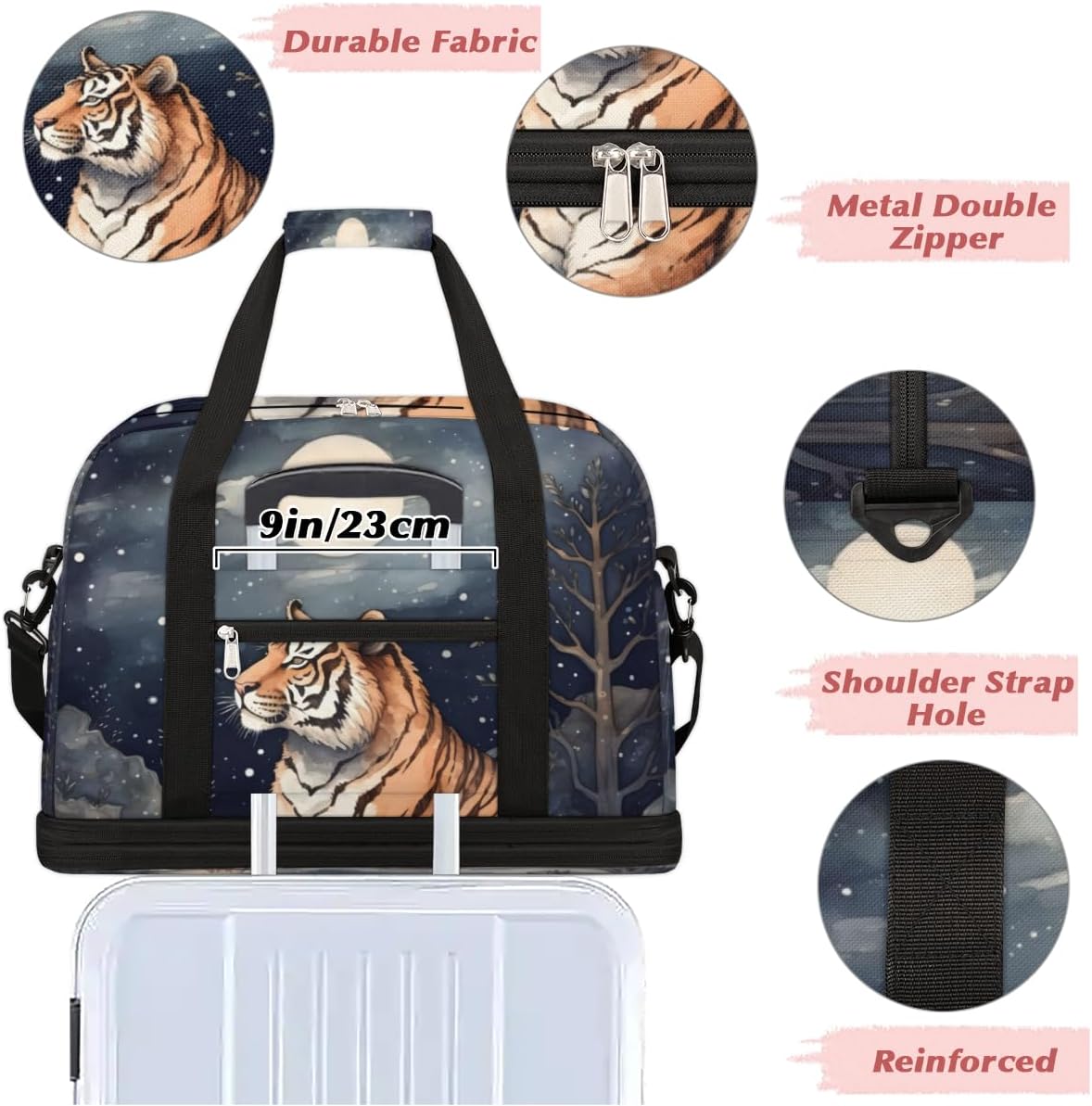 QsirBC Tiger Animals Gym Bag for Women Duffle Tote with Shoes Compartment Men Weekender Duffel for Dance Travel Sports Swimming Overnight