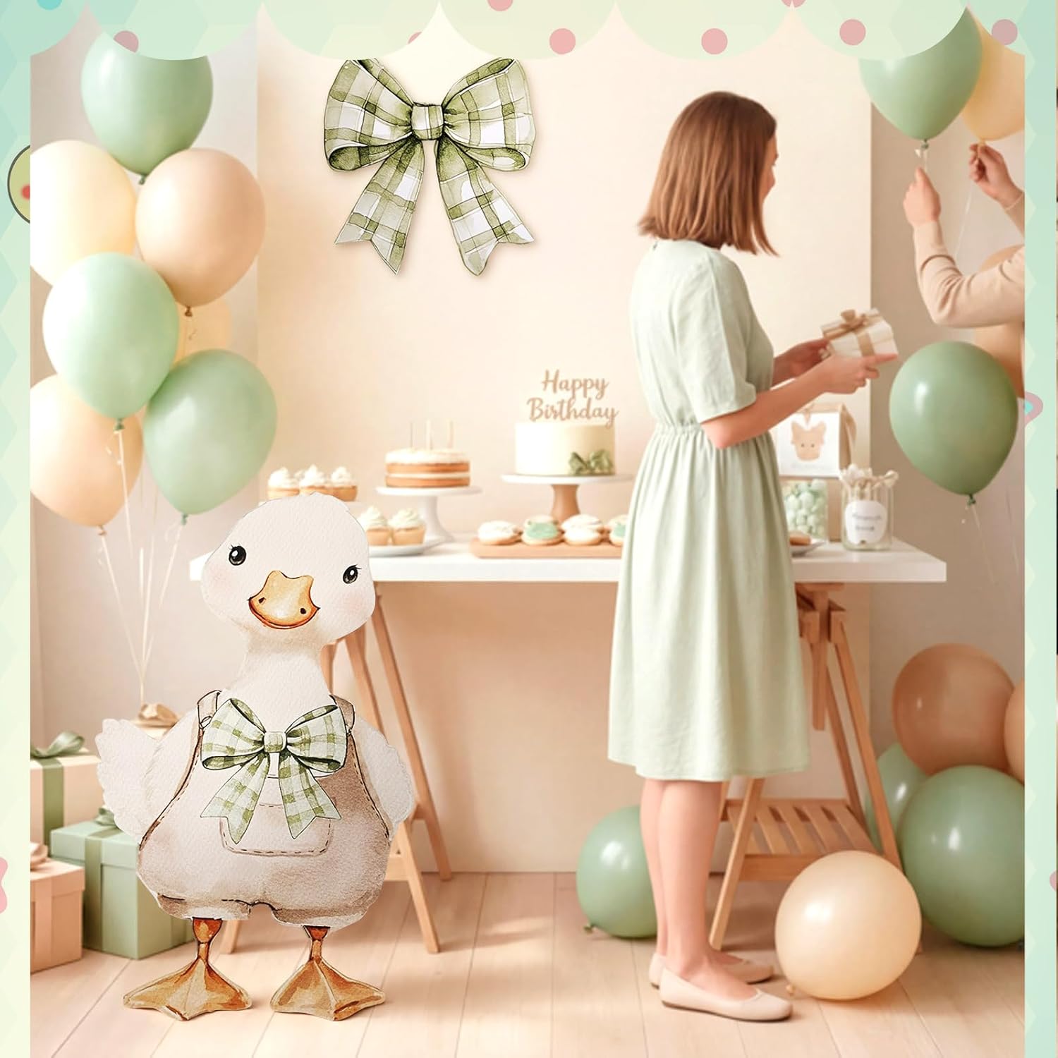Novabright 2 Pcs Silly Goose Cutout Party Decoration 39.4'' 1st Birthday Silly Goose Cardboard Cut Out Sign 19.69'' Adhesive Bow Cutout Photo Prop Backdrop Standup for Birthday Baby Shower(Green)