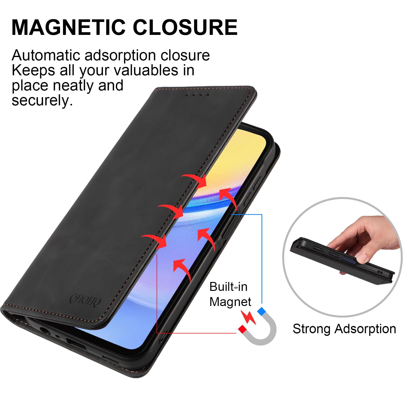 QHOHQ Cover per Samsung Galaxy A15 4G/5G + Vetro Temperato, [RFID Antifurto], Libro Custodia Portafoglio Premium Pelle PU, [Multifunzionale], Chiusura Magnetico Aletta Antiurto Case (Retrò)-Nero