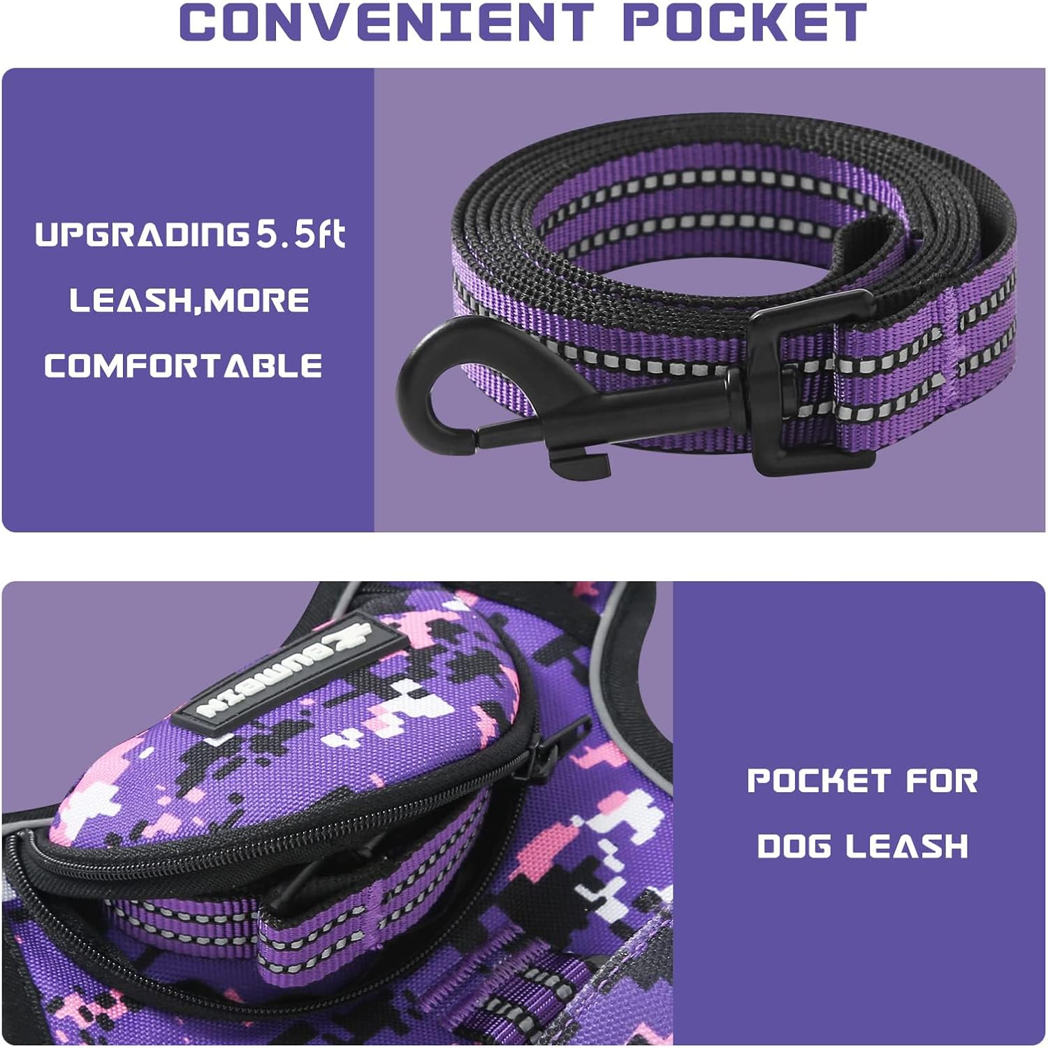 Size M No Pull Dog Harness for Medium Dogs, Adjustable No Choke Pet Vest with Dog Leash Fit Smart Reflective Pet Walking Harness for Training Easy Control Soft Handle Purple Camo