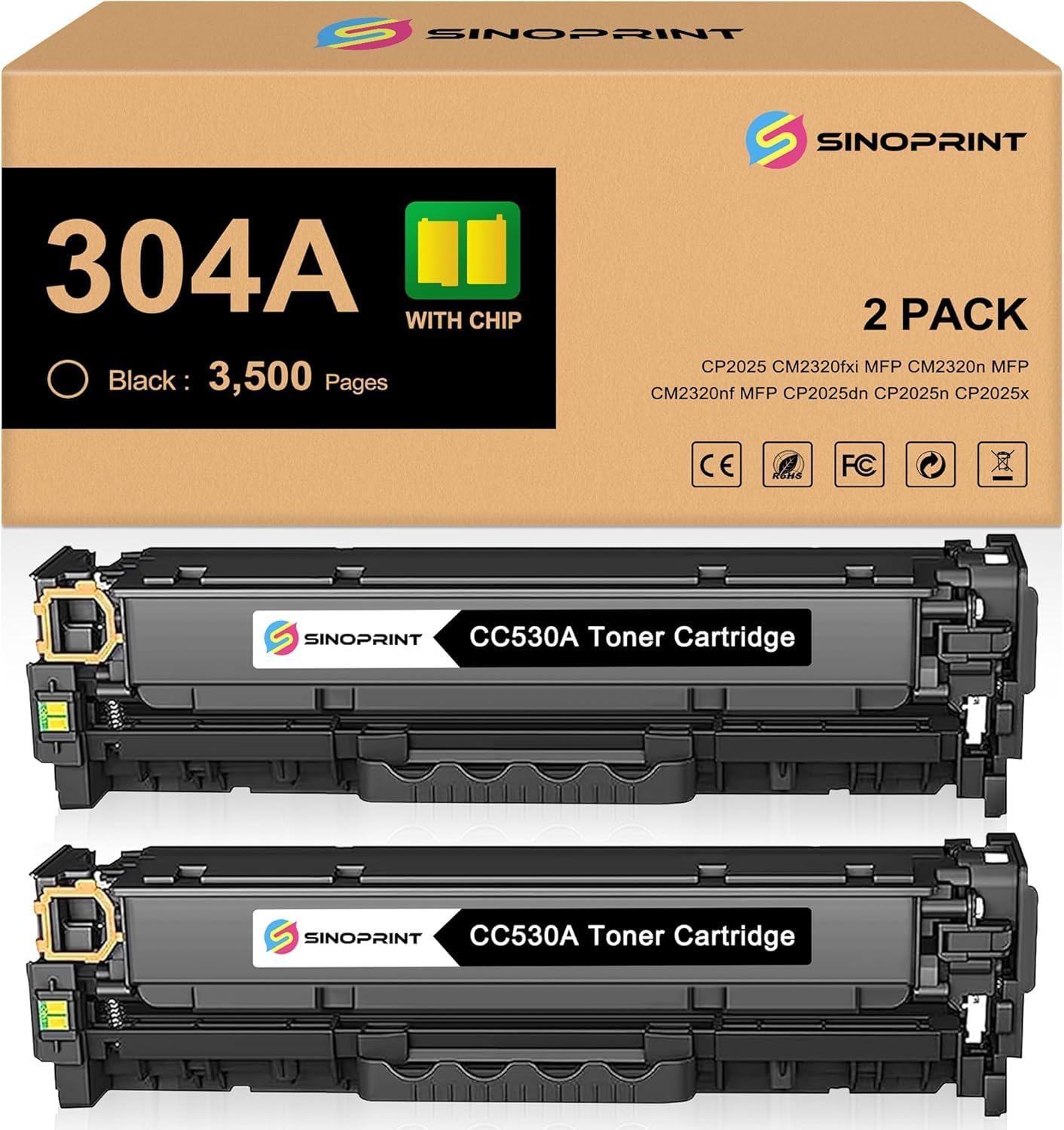 SINOPRINT 304A Toner Cartridges Black Replacement for HP 304A Color LaserJet CP2025 CM2320fxi MFP,CM2320nf MFP,CM2320n MFP Color CP2025dn,CP2025n Printers(2 Pack-Black)
