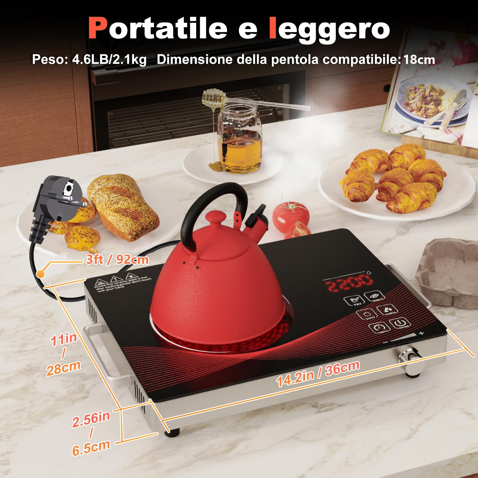 Alemania Piastra Elettrica 1 Fuoco 2200W, Piastra Vetroceramica Portatile a Infrarossi con Vetro Nero, Piastra di Cottura da Tavolo con 18 Livelli di Potenza e Temperatura, Timer
