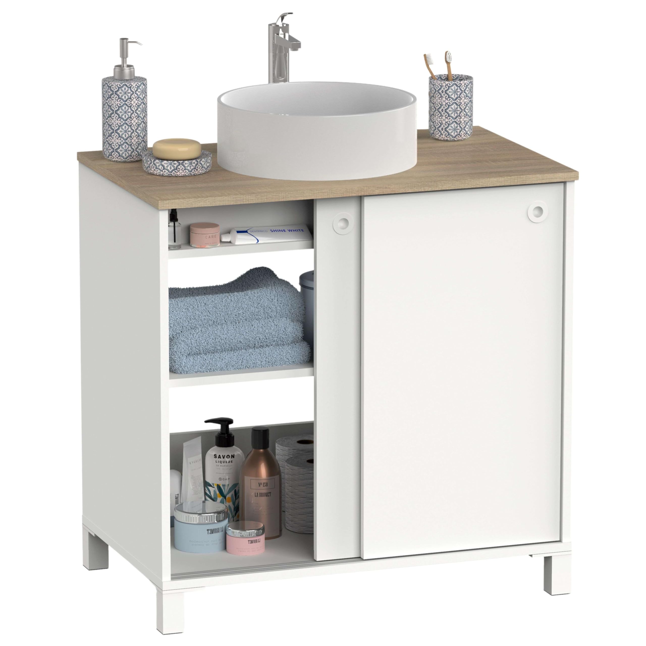 Muebles PITARCH - Mueble de baño Sella con Lavabo cerámico Lugares Estrechos de Espacio, 94x81x50 cm (Alto x Ancho x Profundo), Color Blanco y Roble Cambrian