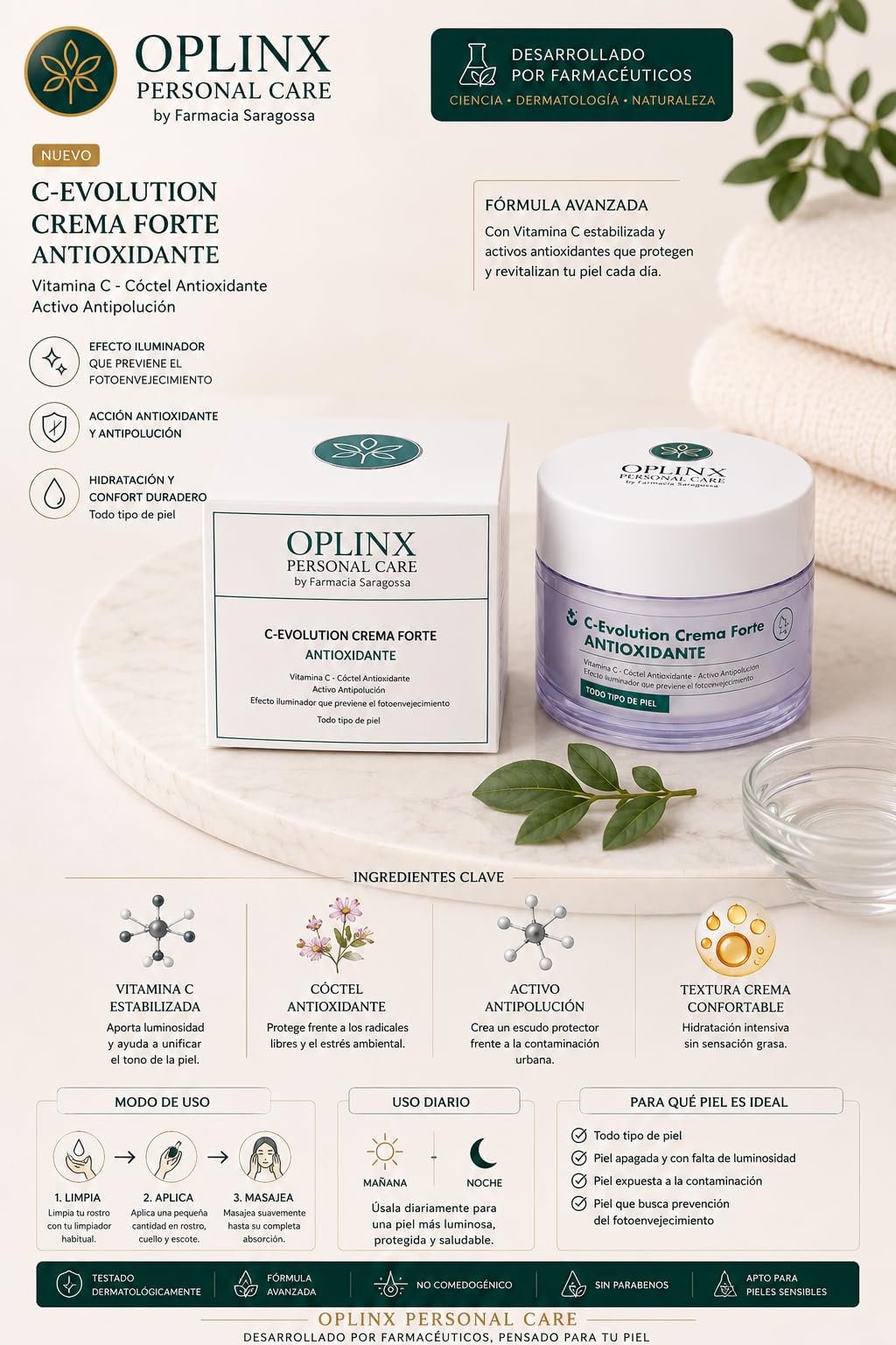 OPLINX C-Evolution Crema Forte Antioxidante, Vitamina C, Activo Antipolución, Todo Tipo de Piel