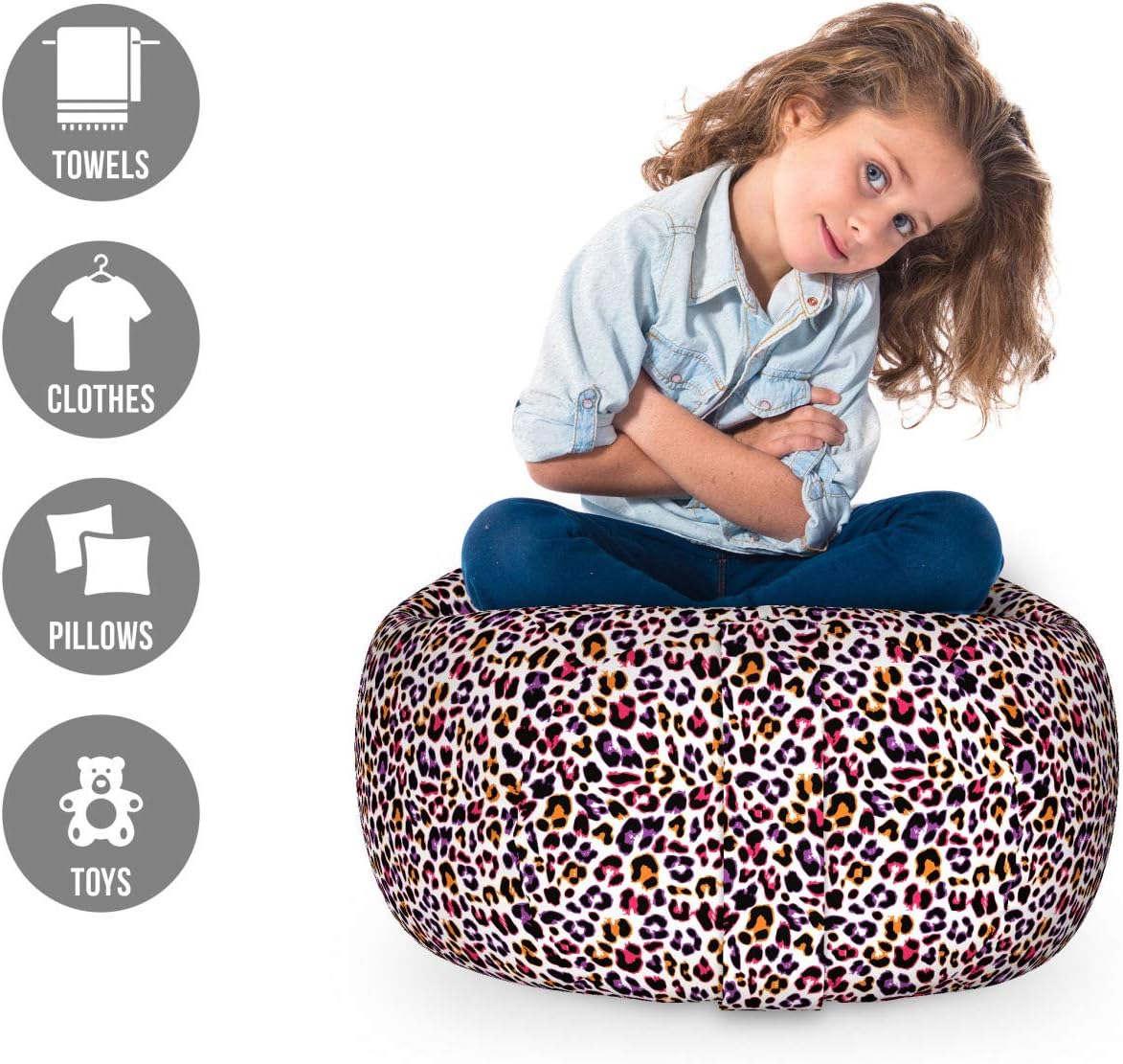 Ambesonne African Storage Toy Bag Chair, Leopard Skin Motif with Abstract Savannah Animal Camouflage Pattern, Stuffed Animal Organizer Washable Bag, Small Size, Magenta Violet Marigold