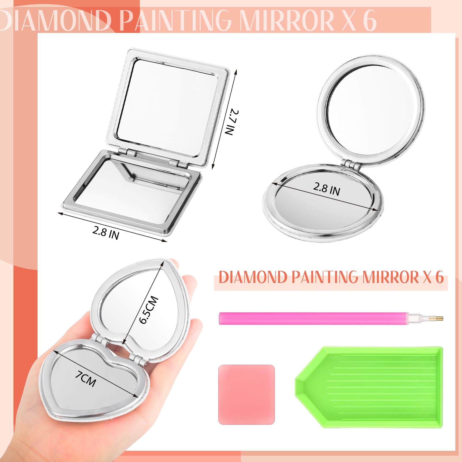 Thyle 6 piezas de pintura de diamantes compacto espejo de bolsillo con cubierta de pintura de diamantes, espejo portátil plegable con aumento de puntos de diamante kits de arte para mujeres y niñas,