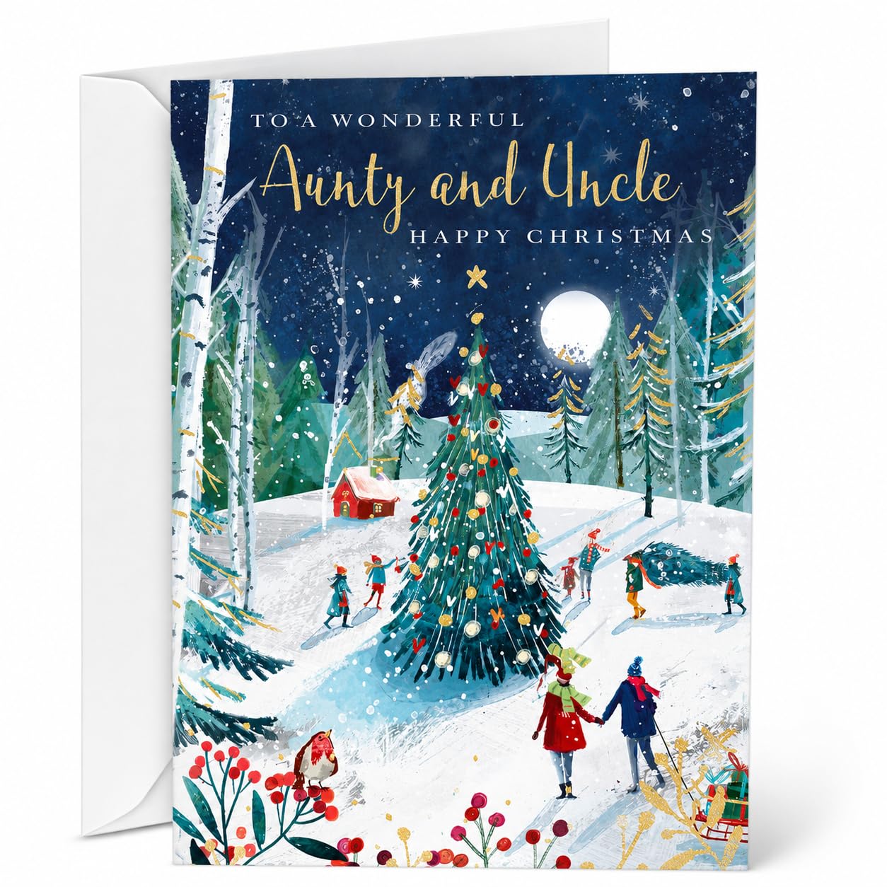 Christmas Card for Aunty and Uncle – Luxury Festive Greeting Card for Auntie & Uncle – Winter Woodland Christmas Tree Scene – Premium Christmas Card with Envelope