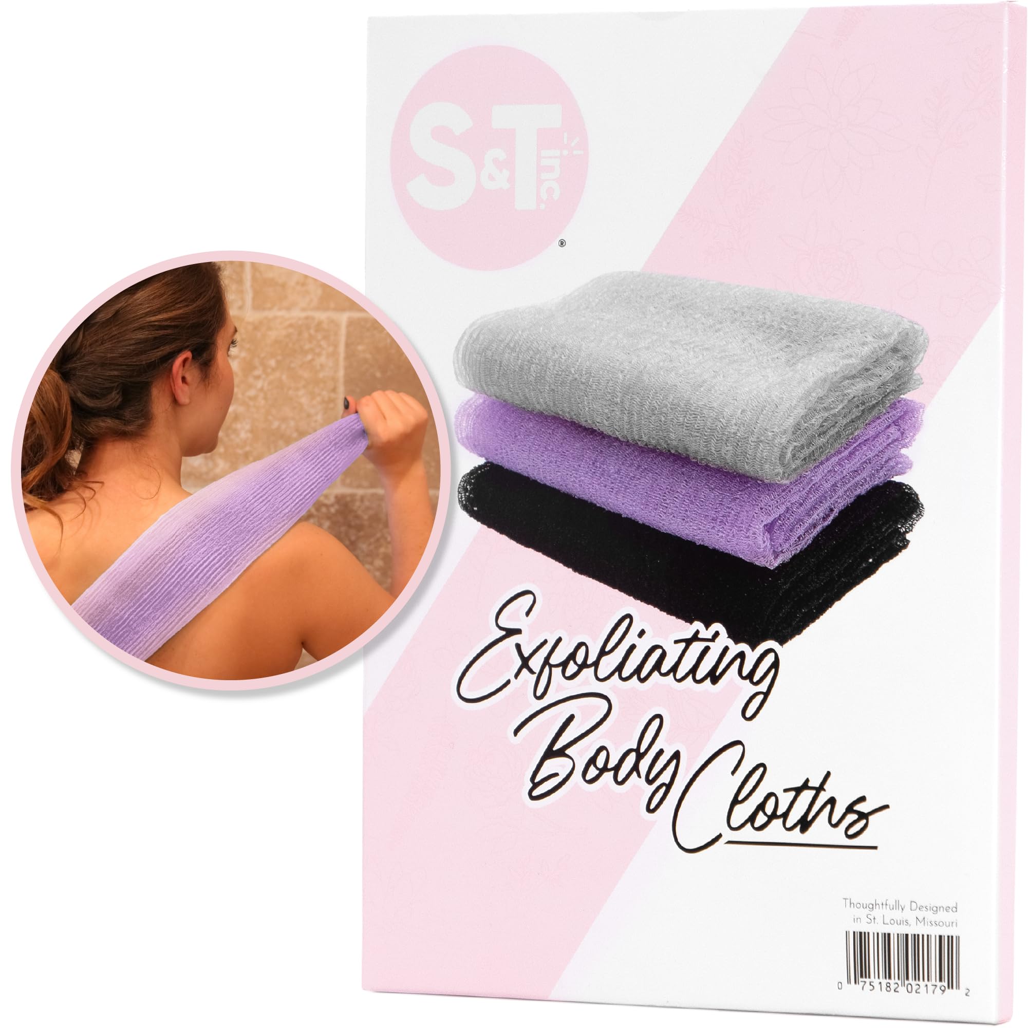 S&T INC. Back Scrubber for Shower, Exfoliating Body Scrubber or Bath Exfoliating Towel for Skin Care, 11.8 Inches x 35.4 Inches, Assorted Purple, 3 Pack