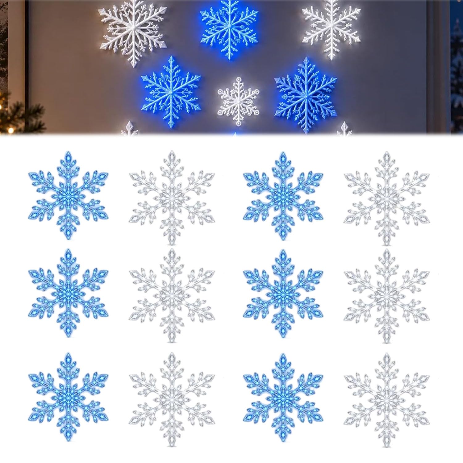 Blue & White LED Snowflake Lights, LED Snowflake Wall Lights, Christmas Light up Snow Flake for Living Room Bedroom Party Winter Home Decoration (Mix-12PCS)