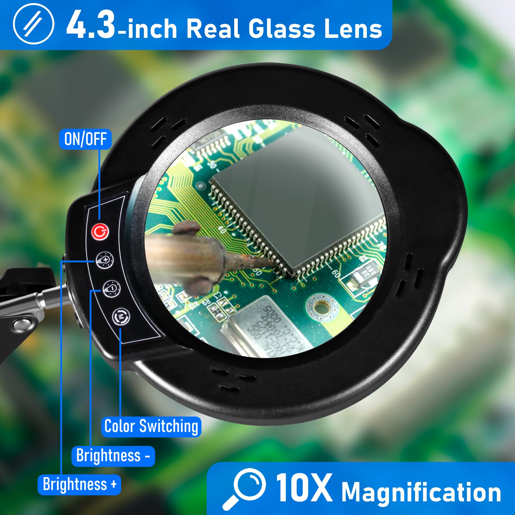 10X Magnifying Glass with Light and Stand LED Desk Lamp with Base and Clamp 5 Color Mode 10 — view 6