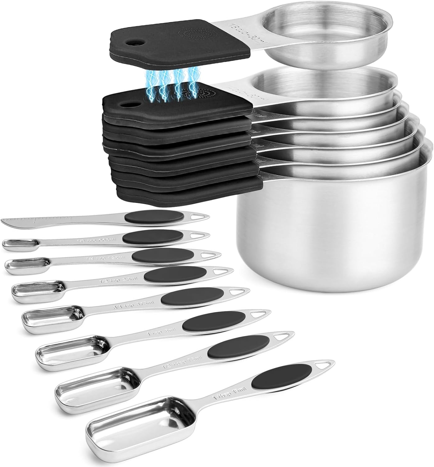 Magnetic Measuring Cups and Spoons Set, 7 Stainless Steel Measuring Cups and 7 Rectangular Metal Teaspoon with 1 Leveler for Cooking & Baking (Black)