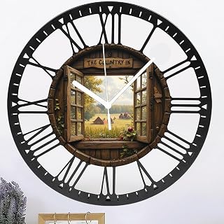 Metal Wall Clock for Living Room -10" Rustic Window Countryside View Wall Decor Silent Non Ticking,Battery Operated, Antique Wood Clocks for Farmhouse,Dining Room,Bedroom,Kitchen Clock Wall Decor- Rom