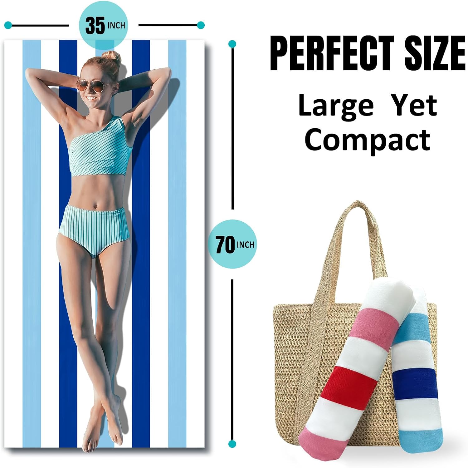 cabanana Large Oversized Beach Towel - Microfiber Sand Free 35 x 70 Inch Quick Dry Lightweight Pool Towel for Adults, Thin Striped Swim Towel (Navy) - Image 3