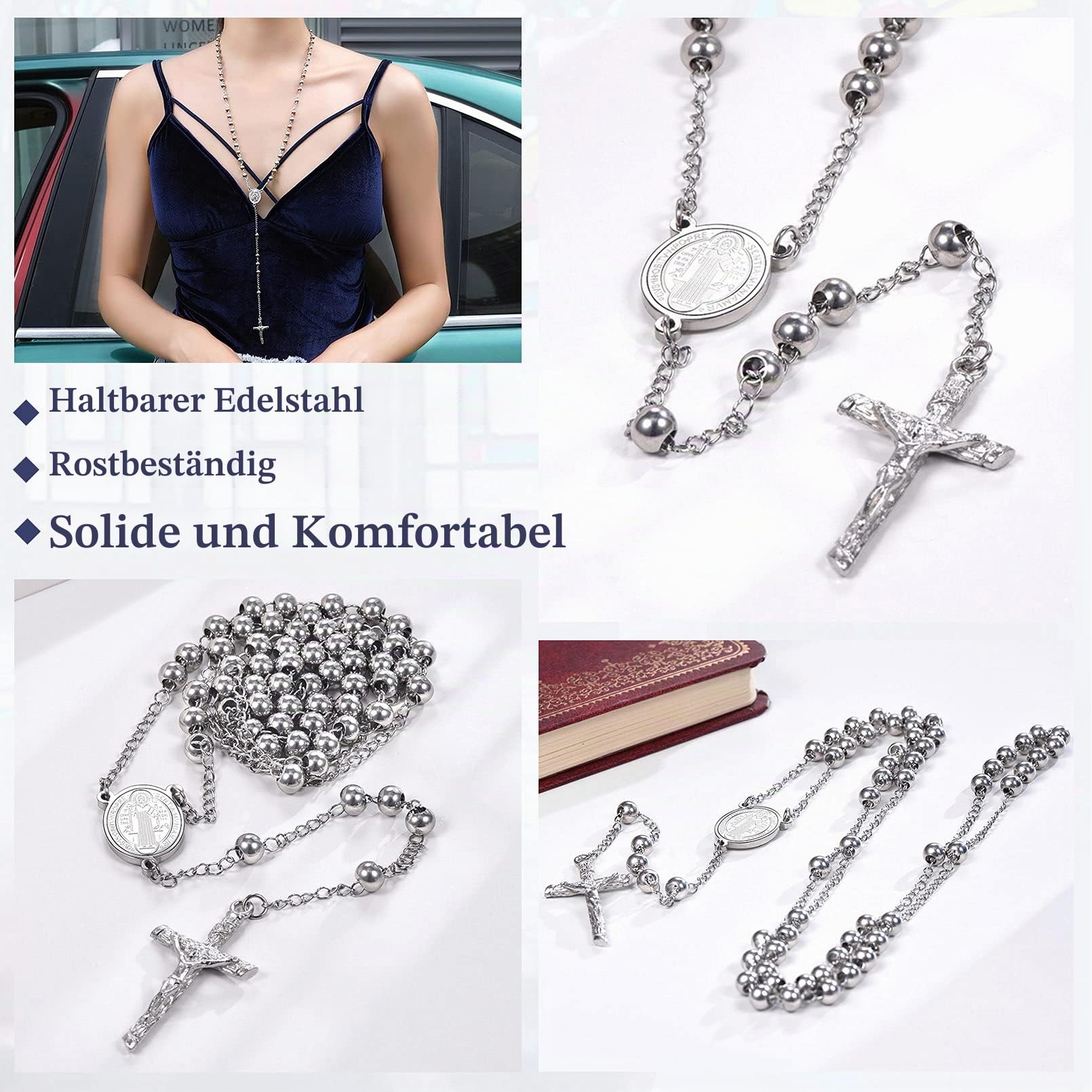 FaithHeart Rosenkranz Kette Damen Herren Kreuzkette Rosenkranzkette Edelstahl Halskette mit Benedikt von Nursia Medaille Gebetskette Lang Rosary Necklace Schutz Amulett Schmuck