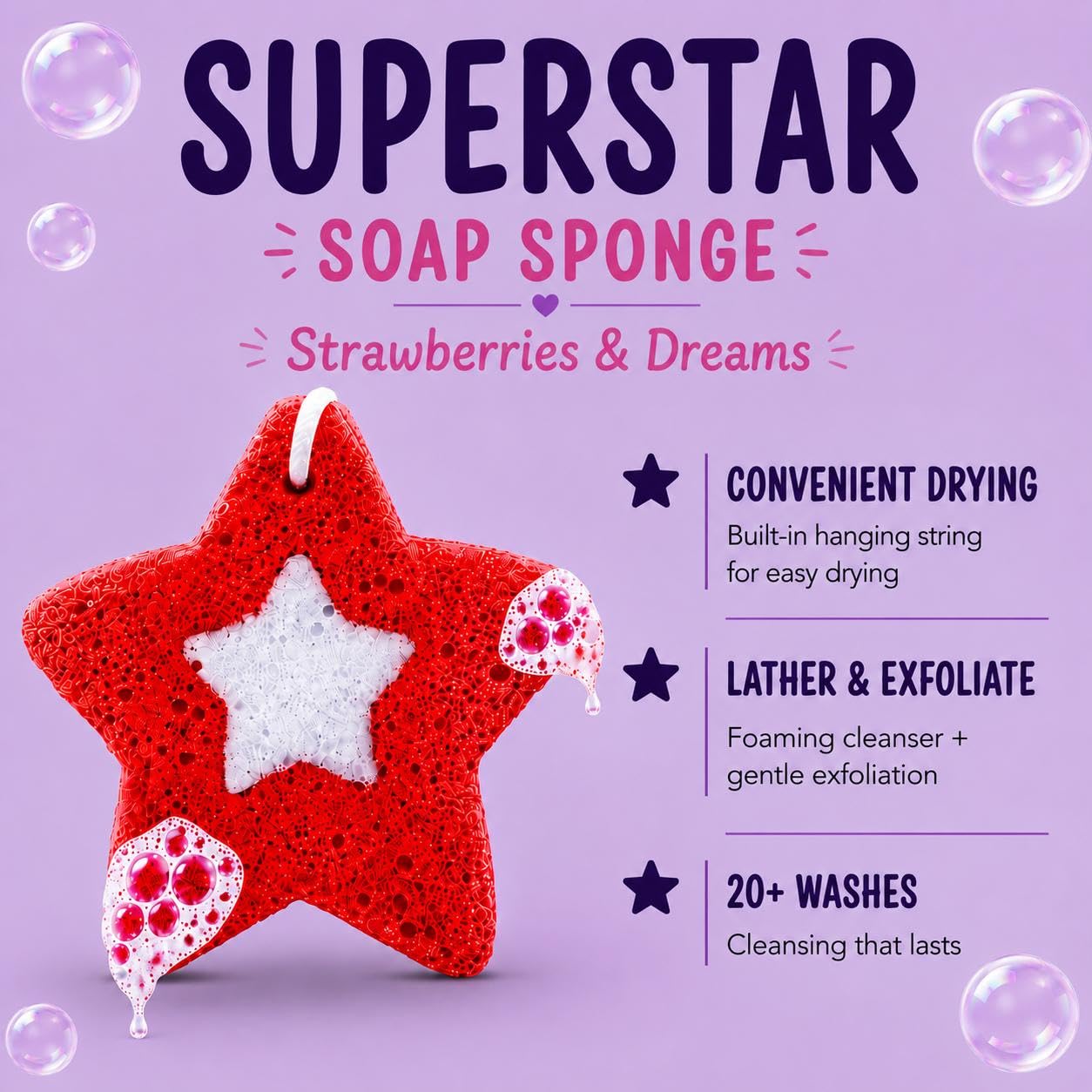 Esponja natural con infusión de jabón para niños y adolescentes, suave con la piel, más de 20 usos (fresas y sueños)