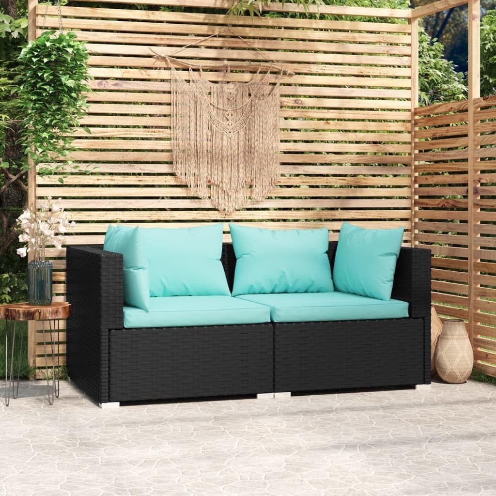 vidaXL Two-Seater Outdoor Sofa - Water- Black Poly Rattan Patio Loveseat with Comfy Aqua Cushions